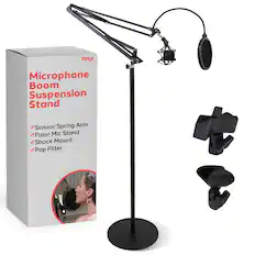 PYLE Microphone Boom Suspension Stand, Scissor Spring Arm, Floor Mic Stand, Shock Mount, Pop Filter