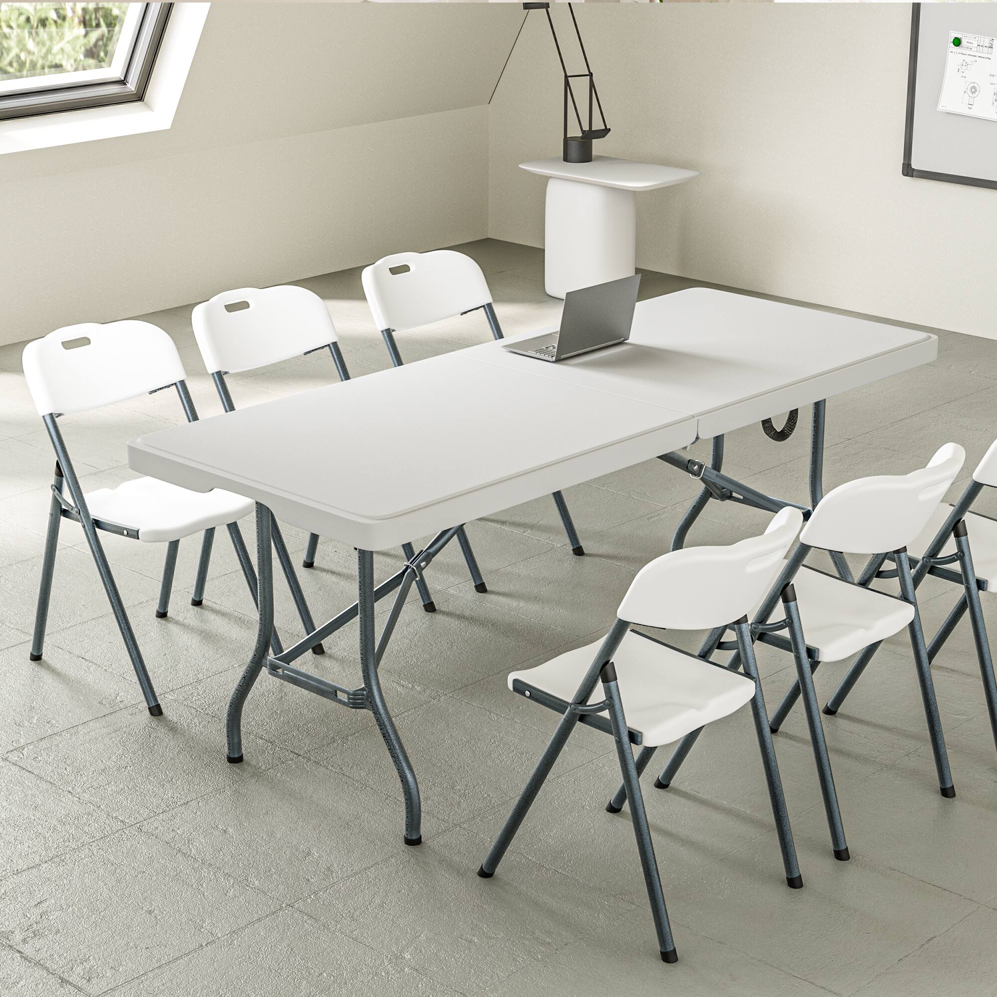 Back. Decksplore - 71x29 Inch Portable Folding Table, Height-Adjustable for Indoor/Outdoor Events. Durable Plastic, Folds for Easy Storage. - White.