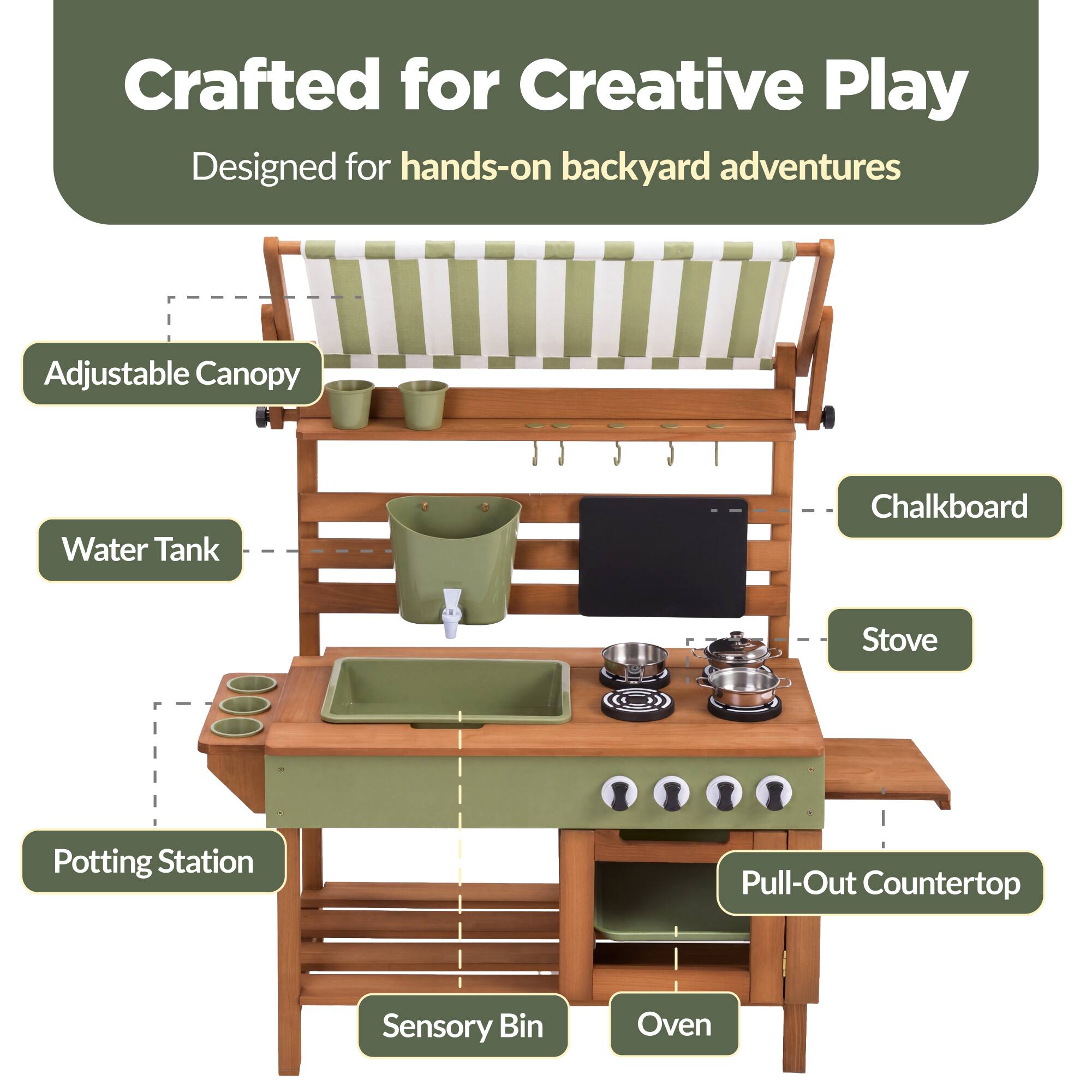 Crafted for Creative Play  
Designed for hands-on backyard adventures  

- Adjustable Canopy  
- Water Tank  
- Chalkboard  
- Stove  
- Potting Station  
- Pull-Out Countertop  
- Sensory Bin  
- Oven