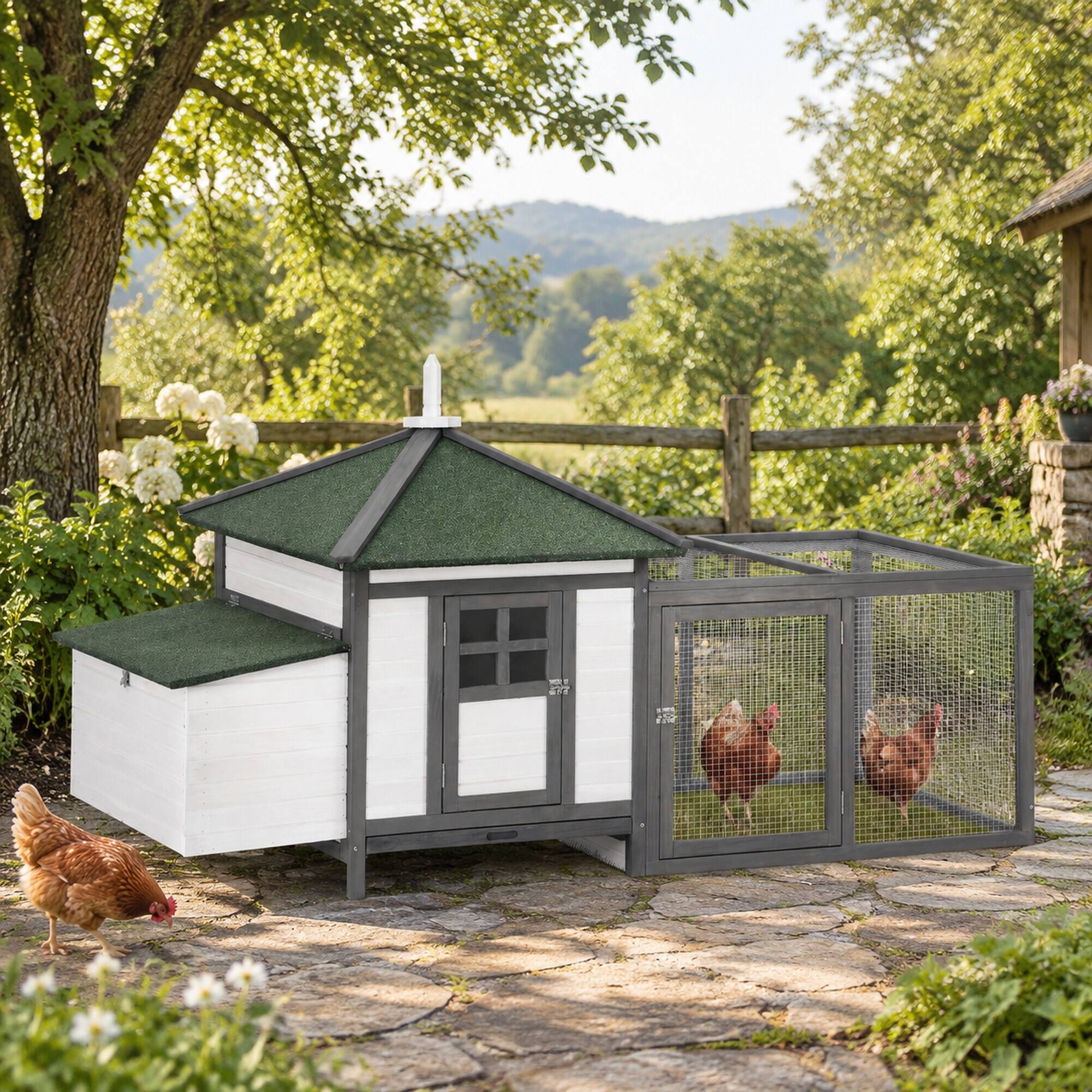 Angle. RYHNUYNE - 77 in Wooden Chicken Coop, Fir Wood Hen House, Nesting Box, Removable Tray, Ramp Run, Gray.