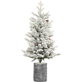 Ecooso - 4.5FT Flocked Christmas Tree with Pot Base, 150 Warm White LED Lights, 720 Tips, PE+PVC Branches with 19 Pine Cones - White+Green