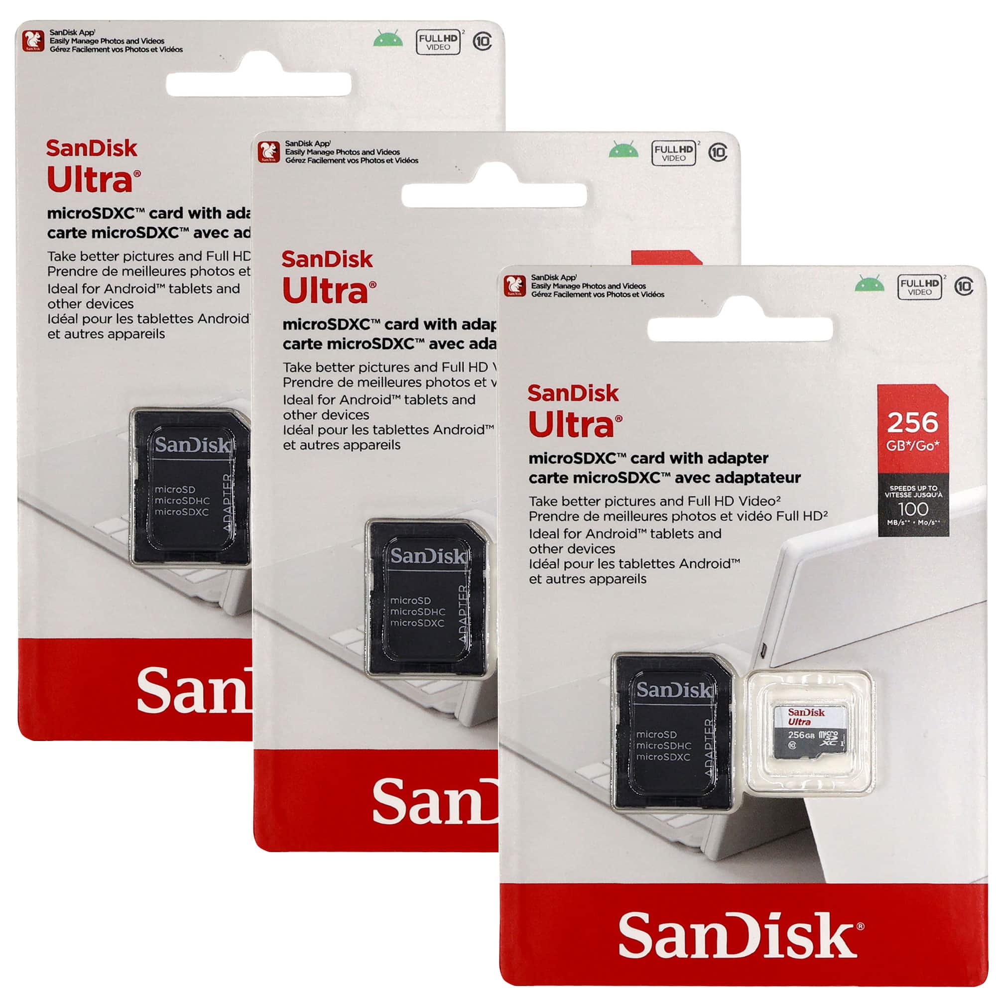 3x Sandisk Ultra 256GB 100MB/s Class 10 Micro SDXC Memory Card with SD Adapter