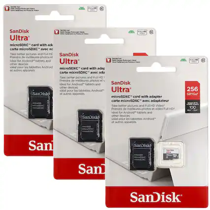 SanDisk Ultra microSDXC™ card with adapter
Take better pictures and Full HD Video*
Ideal for Android™ tablets and other devices
SanDisk Ultra microSDXC™ card with adapter
Prendre de meilleures photos et vidéo Full HD*
Idéal pour les tablettes Android™ et autres appareils
SanDisk App
Easy Management of Photos and Videos
Gérez Facilement vos Photos et Vos Vidéos
FULL HD VIDEO
100 MB/s
256 GB*
*Up to 100 MB/s
SanDisk