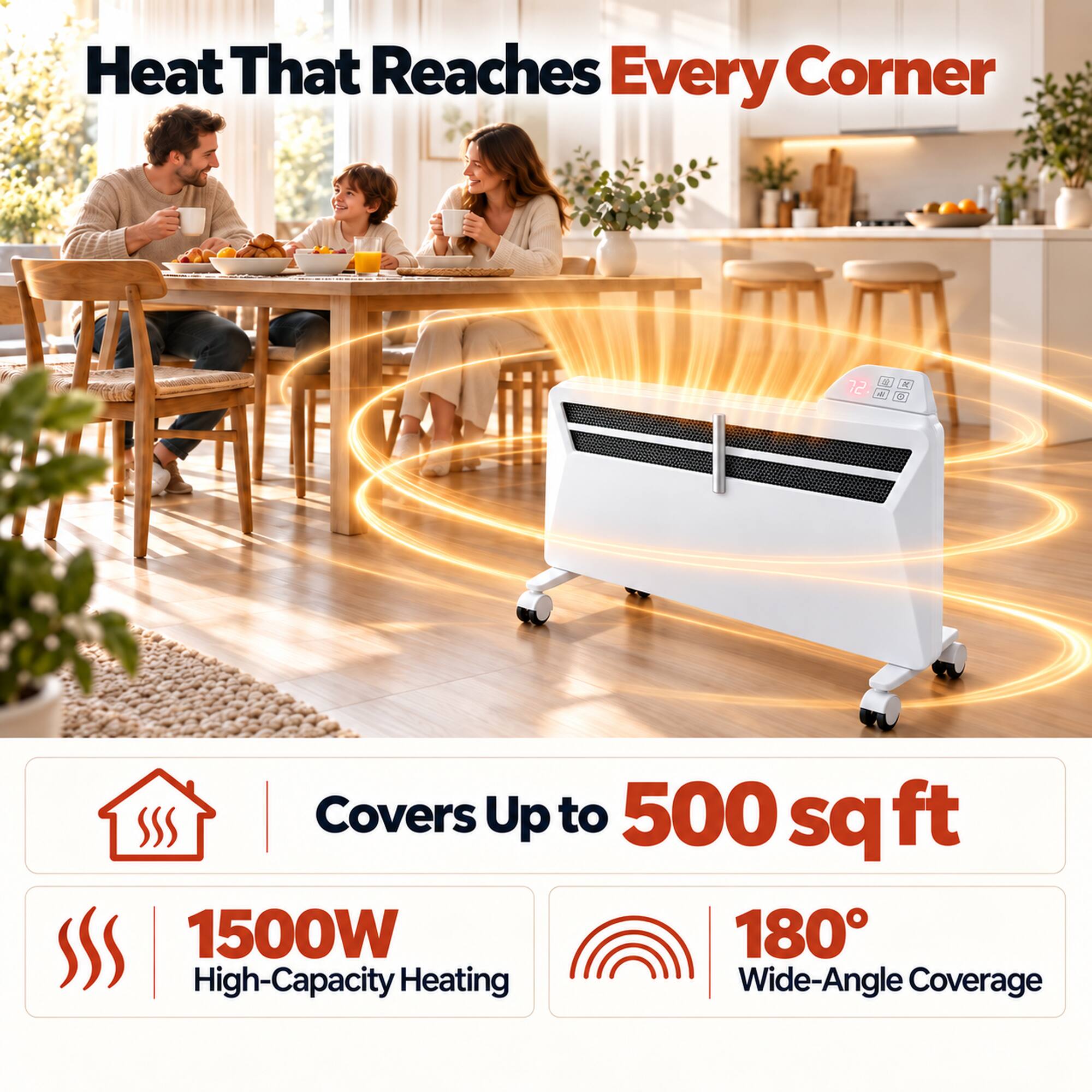 Heat That Reaches Every Corner

Covers Up to 500 sq ft

1500W High-Capacity Heating

180° Wide-Angle Coverage