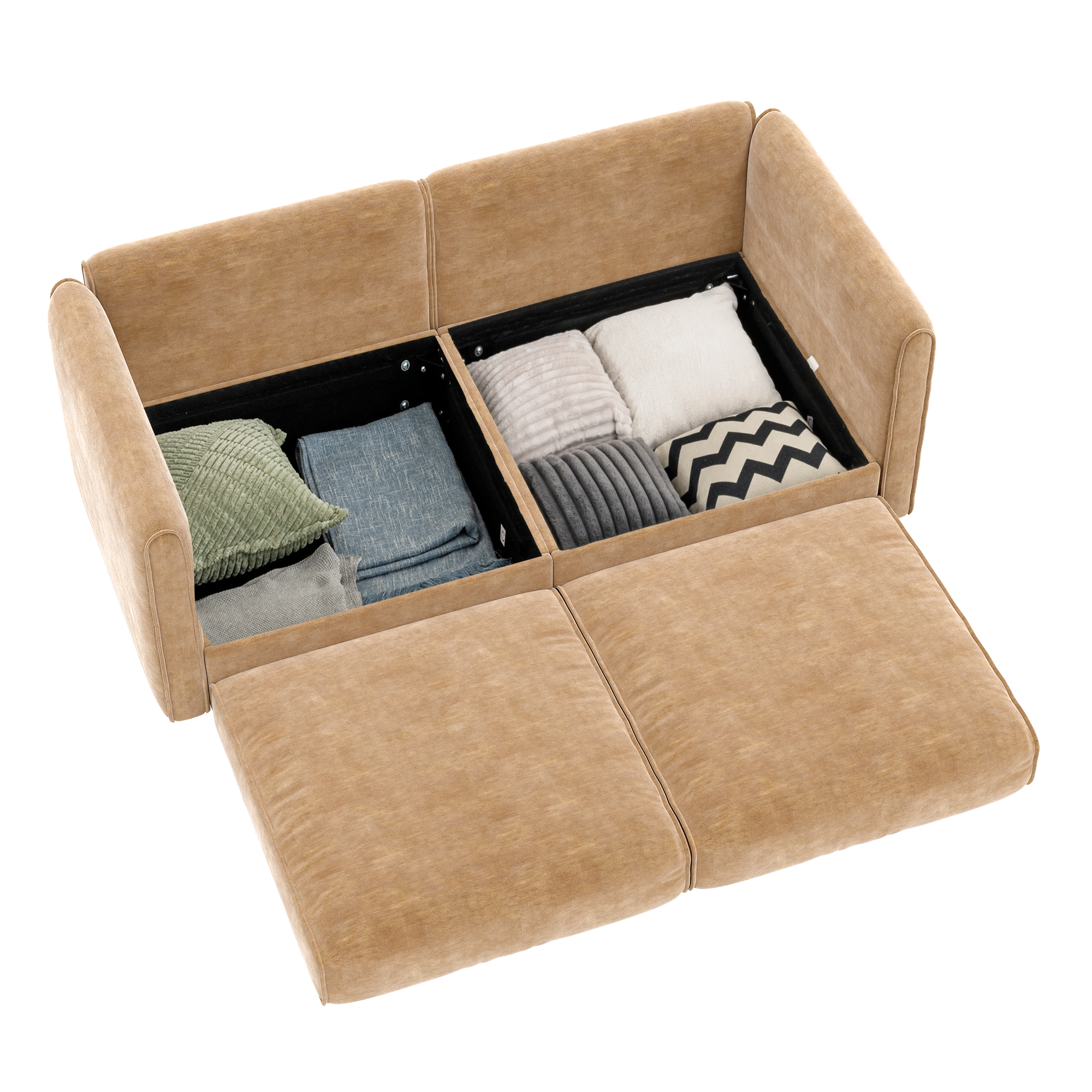 Left. Anysun - Chenille 2-Seater Loveseat with Hidden Storage - Cylindrical Backrest & Armrests, Modern Fabric Design - Camel.