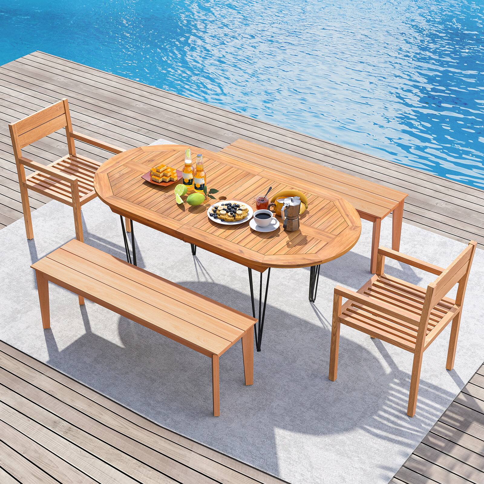 Alt View 5. Gymax - Gymax 71'' Patio Dining Table 6 Person Large Oval Table w/ Teak Wood Tabletop - Natural, Black.