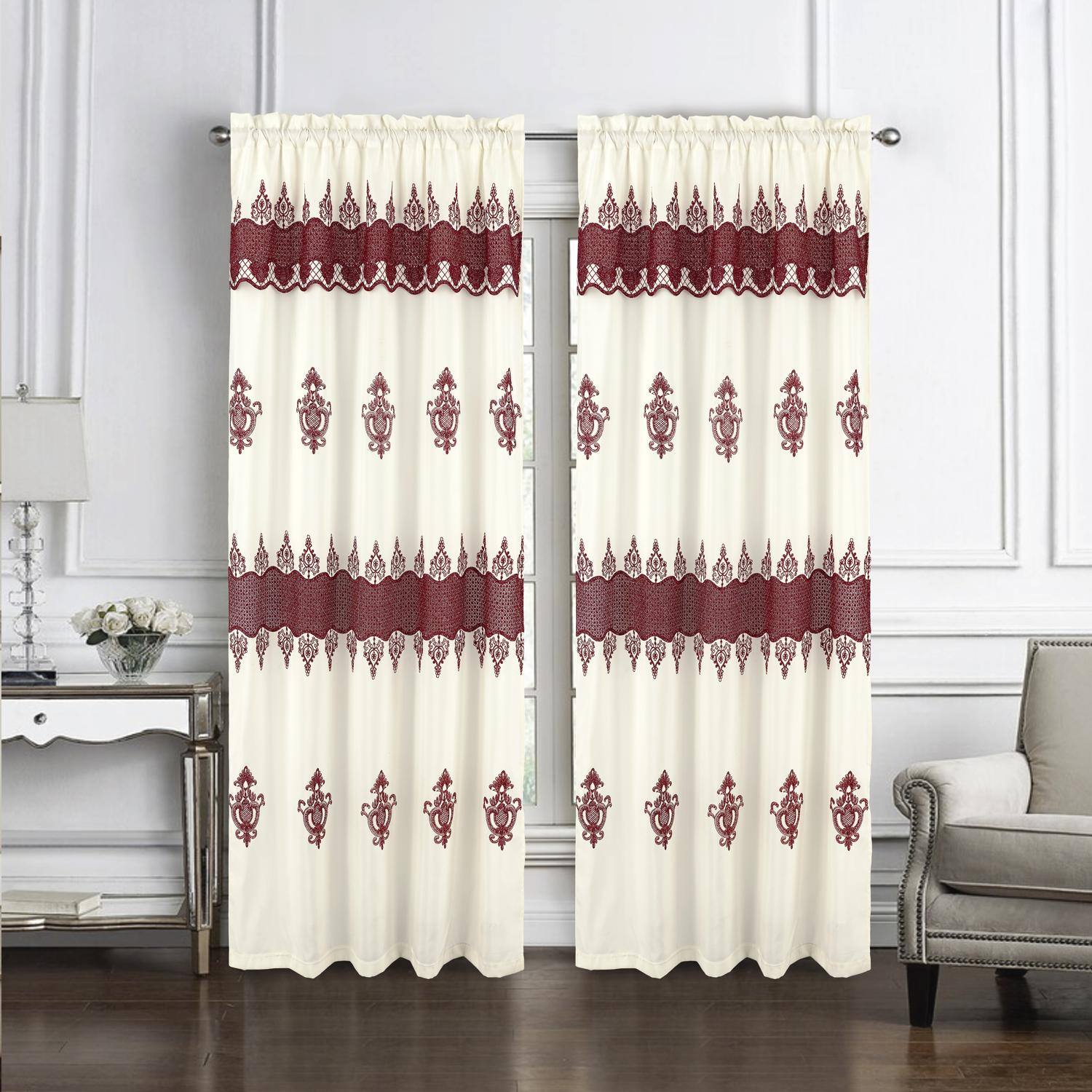 Angle. RT Designers Collection - RT Designers Collection Debbie Macrame Construction 3" Rod Pocket Curtain Panel 54" x 90" Beige/Burgundy - Beige burg.
