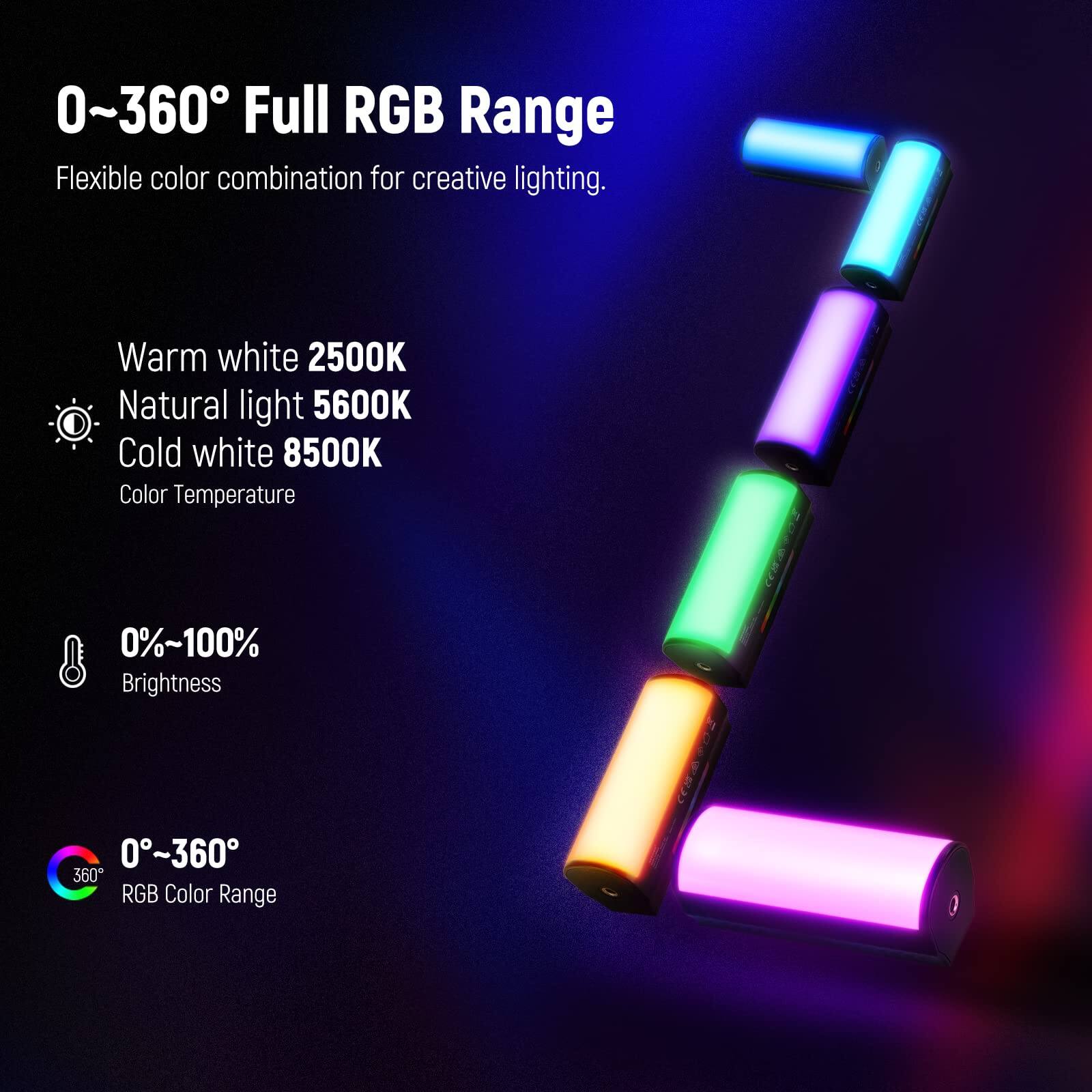 0~360° Full RGB Range  
Flexible color combination for creative lighting.  

Warm white 2500K  
Natural light 5600K  
Cold white 8500K  
Color Temperature  

0%~100%  
Brightness  

0°~360°  
RGB Color Range