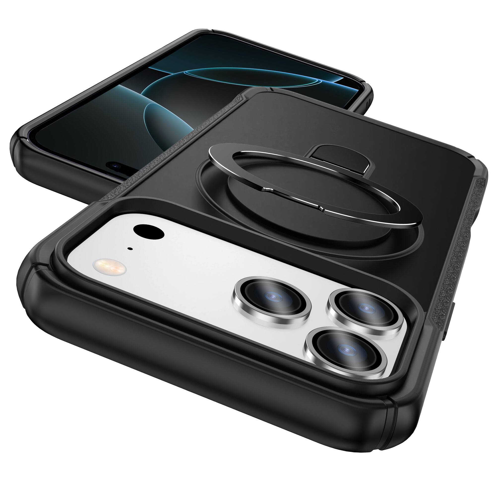 Angle. Dteck - Case For Apple iPhone 17 Pro Max Slim Magnetic Shockproof Rugged Cover With Adjustable Ring Stand, Mag Safe Compatible - Black.