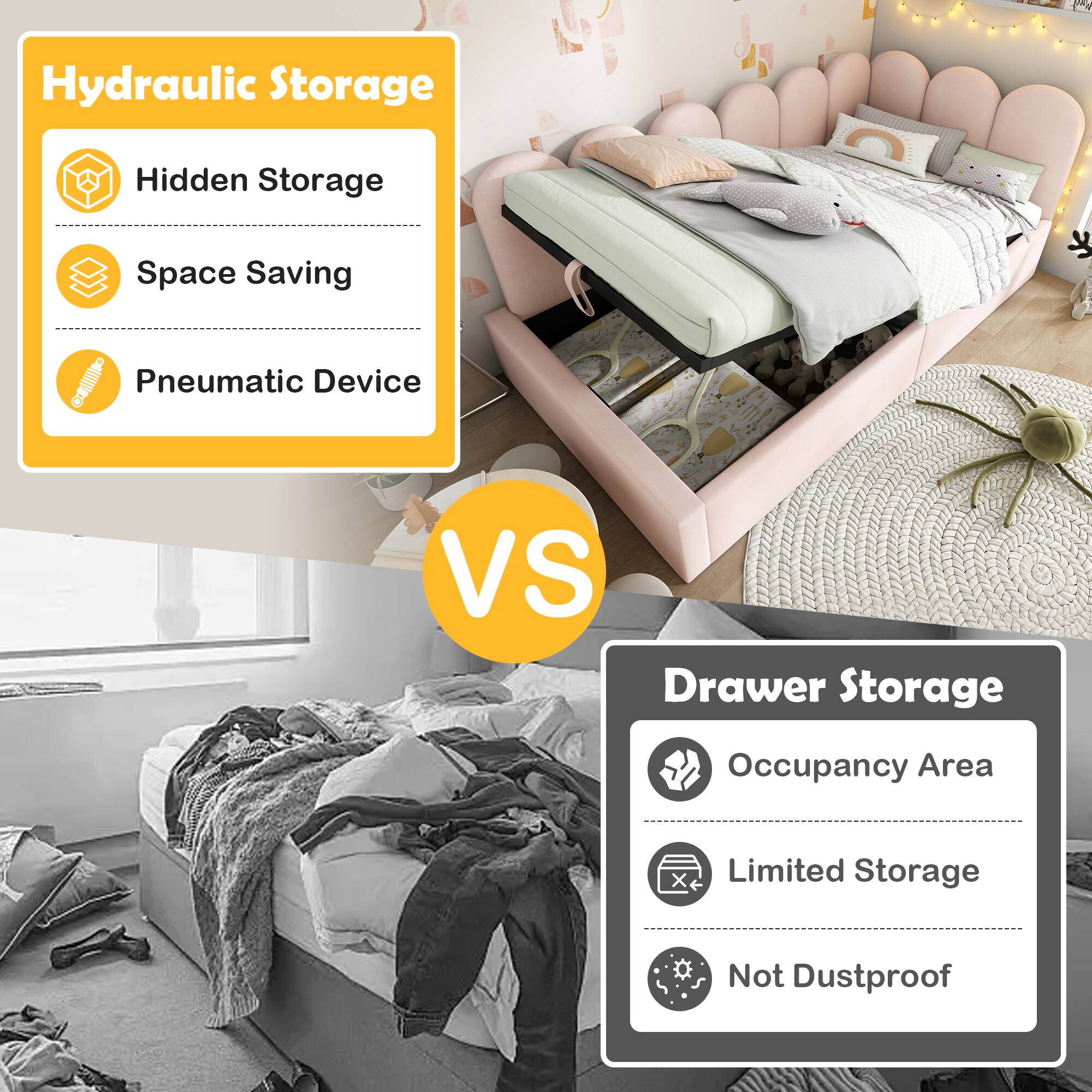 Hydraulic Storage  
- Hidden Storage  
- Space Saving  
- Pneumatic Device  

VS  

Drawer Storage  
- Occupancy Area  
- Limited Storage  
- Not Dustproof