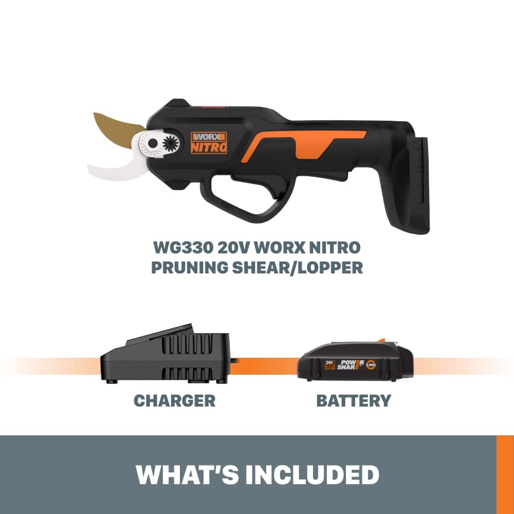 What's Included:
- WORX NITRO WG330 20V WORX NITRO PRUNING SHEAR/LOPPER 2 POW R Cas SHAR CHARGER BATTERY