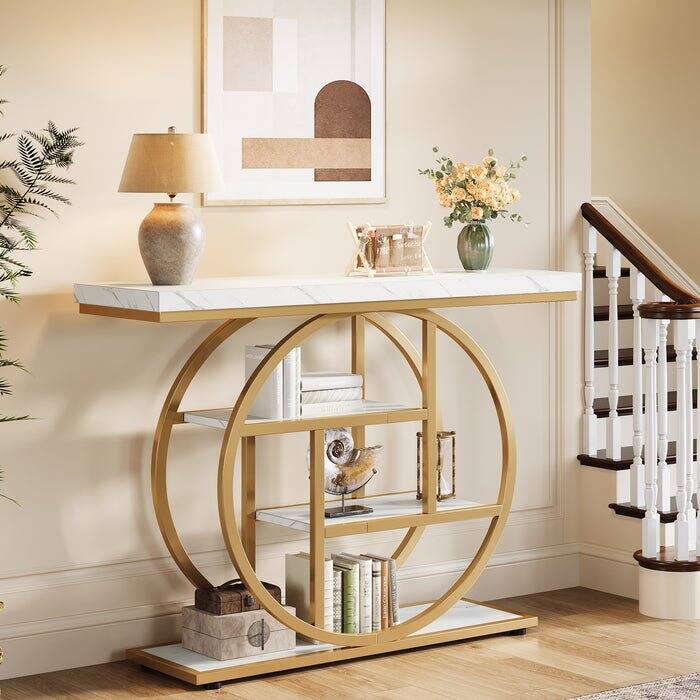 Angle. Tribesigns - Console Table with Storage Shelves and Space-Saving Design for Entryway, Hallway and Living Room - White.