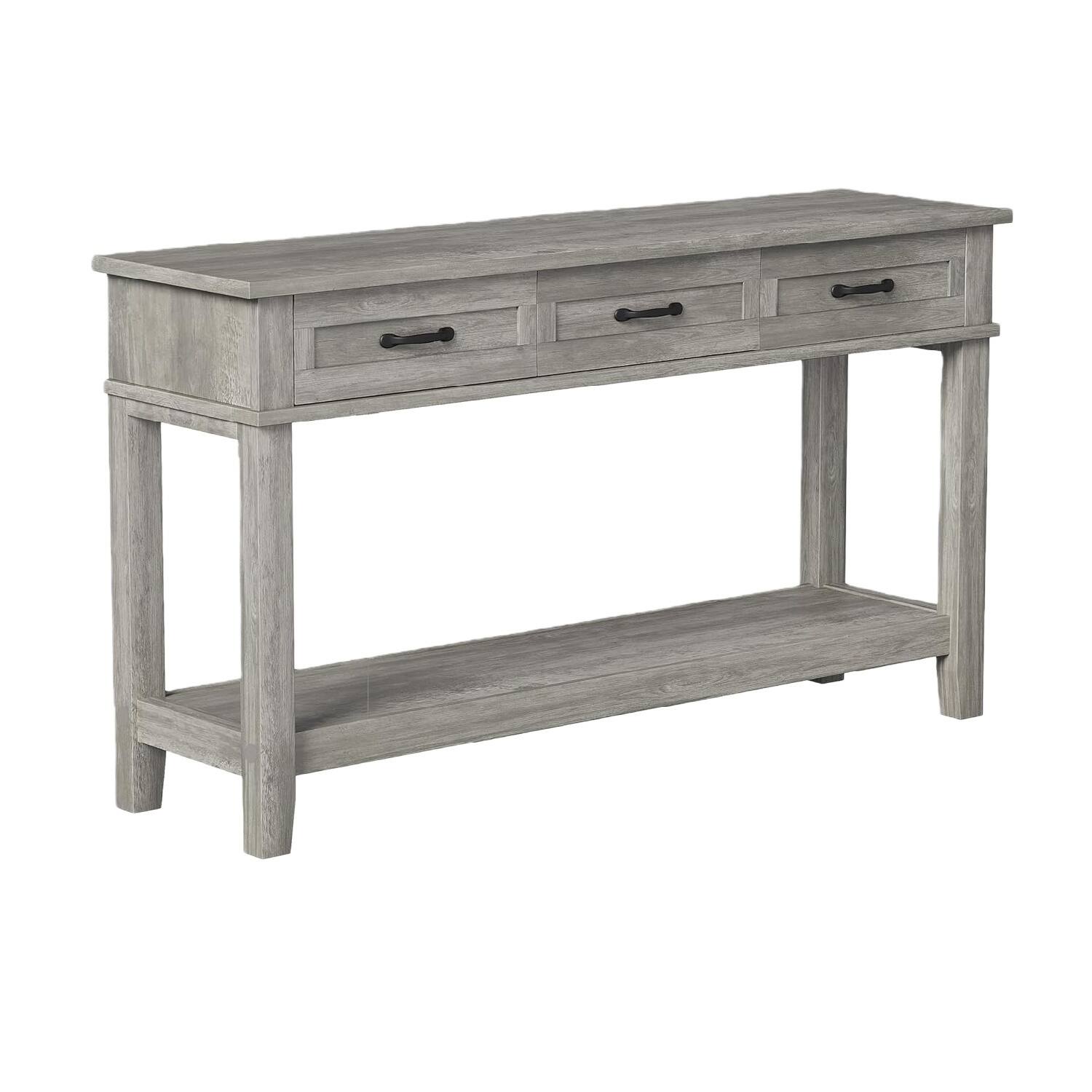 Angle. GARVEE - Entryway Table, Console Table with 3 Storage Drawers, 3 Tier Farmhouse Wooden Sofa Table - Grey.