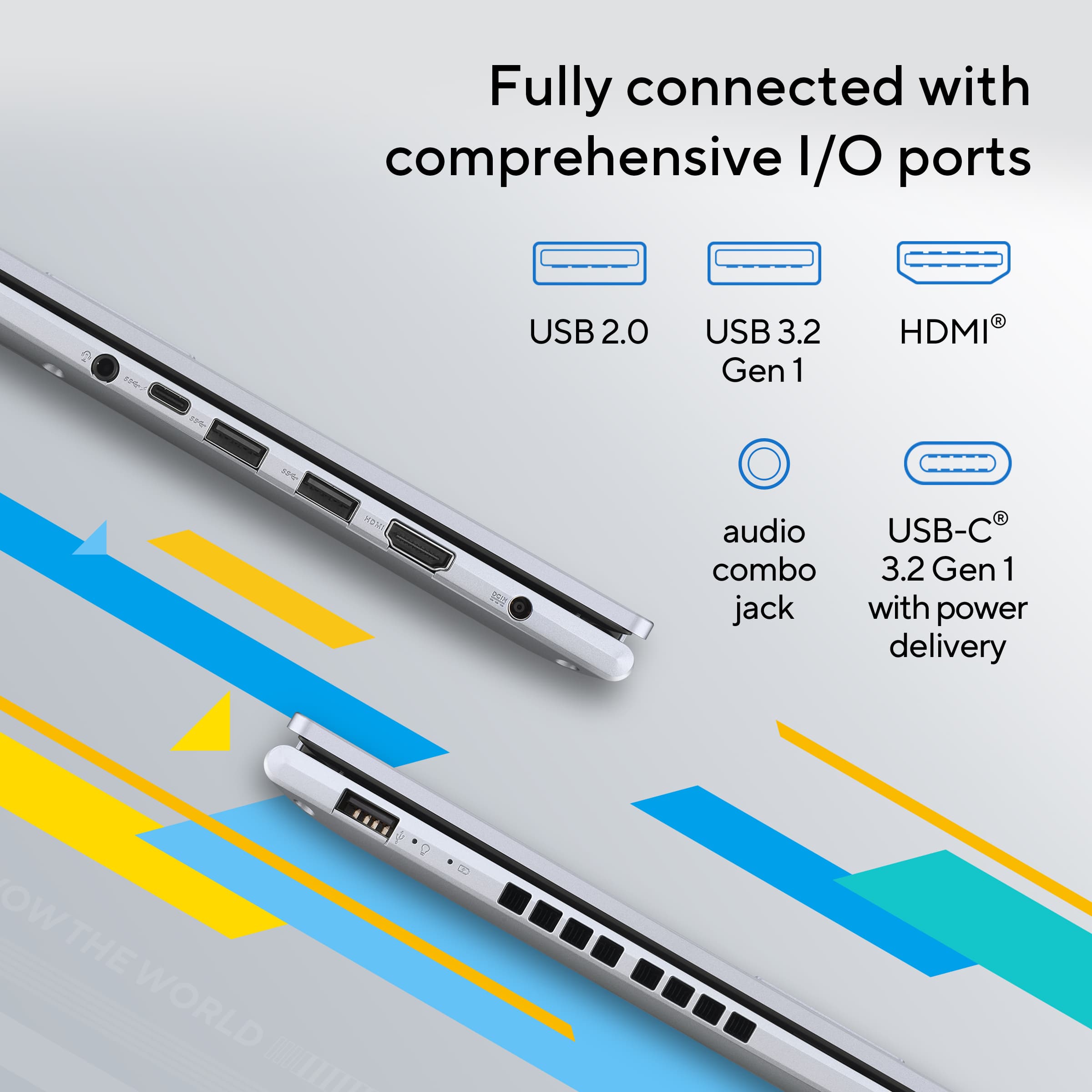 Fully connected with comprehensive I/O ports: USB 2.0, USB 3.2 Gen 1, HDMI, HOMI, PC audio combo jack, USB-C 3.2 Gen 1 with power delivery.
