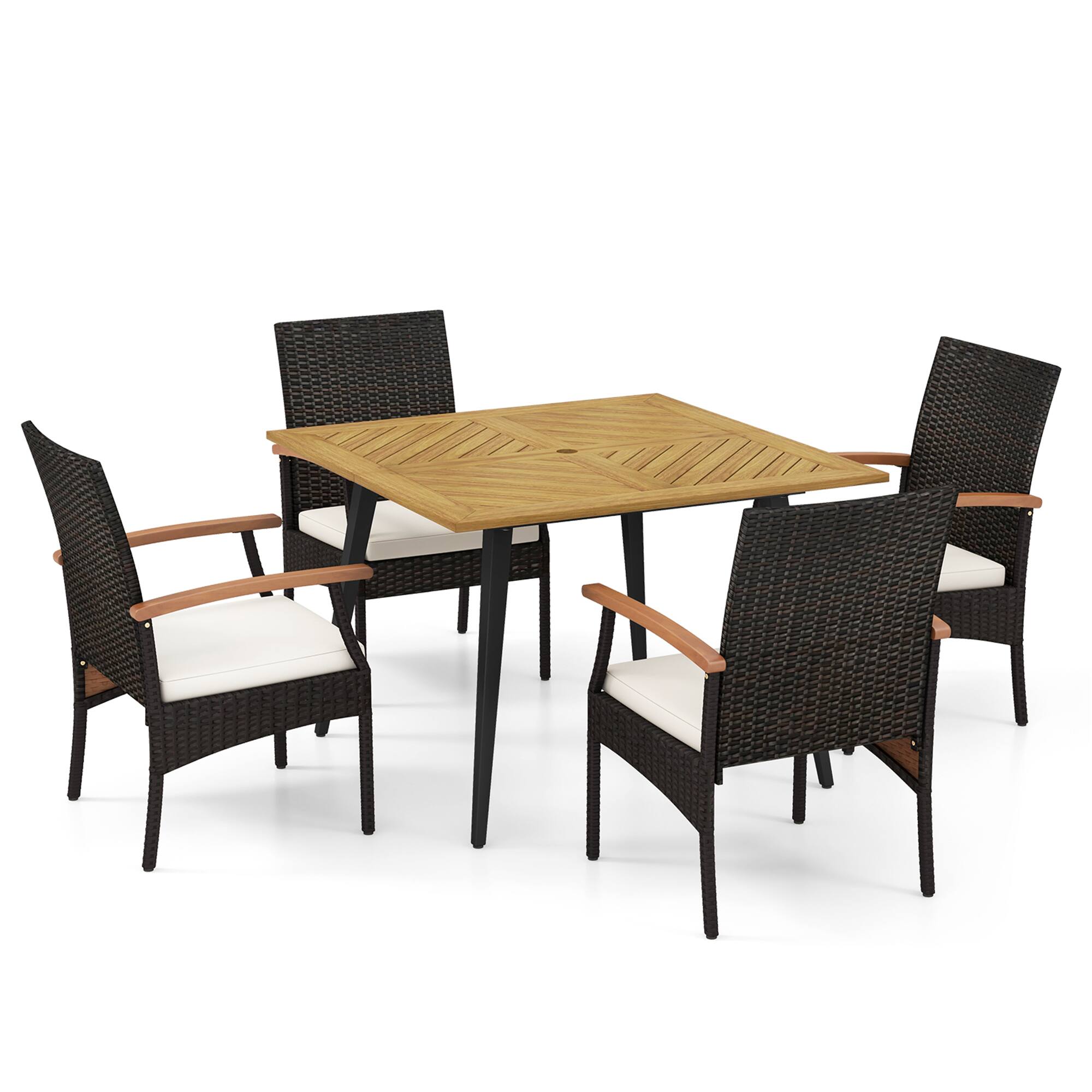 Alt View 5. Gymax - Gymax 5PCS Patio PE Wicker Dining Set Table and Chairs w/ Cushions 1.9'' Umbrella Hole - Brown, White.