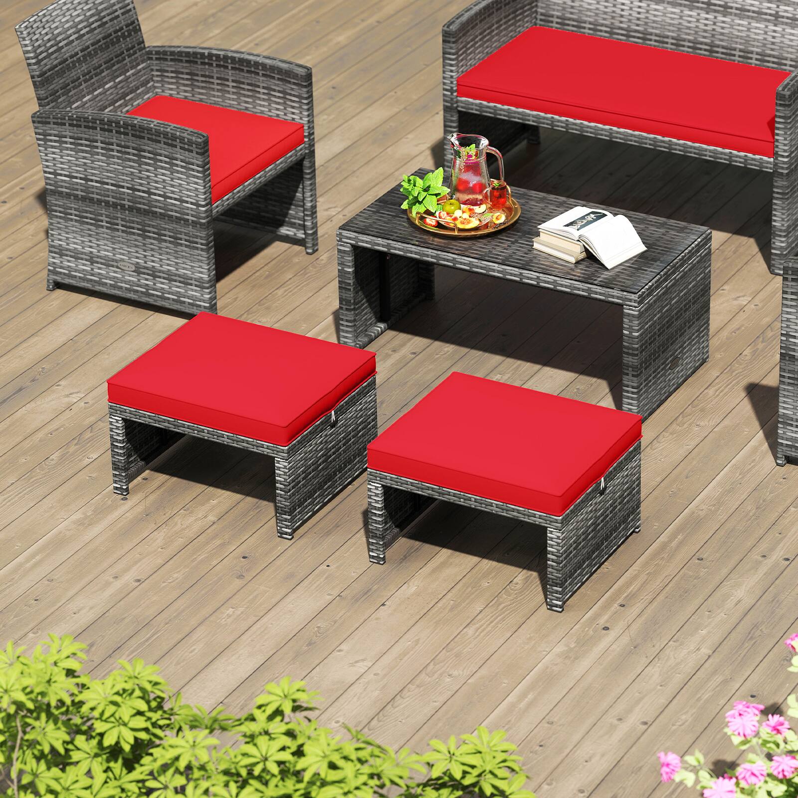 Alt View 8. Gymax - Gymax 2 Pieces Patio PE Rattan Ottomans with Soft Zippered Cushions for Deck Red - Red.