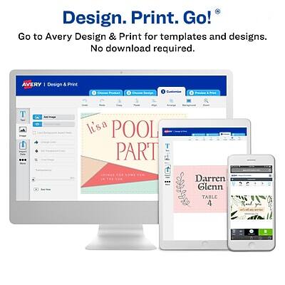 Design. Print. Go!  
Go to Avery Design & Print for templates and designs. No download required.

AVERY | Design & Print

Hi, it's a POOL PARTY!  
Join us for some fun in the sun.

Darren & Glenn  
TABLE 4