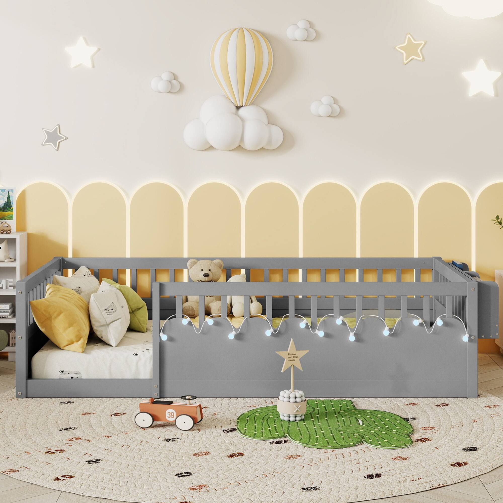 Angle. GOODSILO - Twin Montessori Low Profile Floor Bed Frame with Safety Rails, LED Lighting and Storage Shelf for Children's Bedroom - Grey.