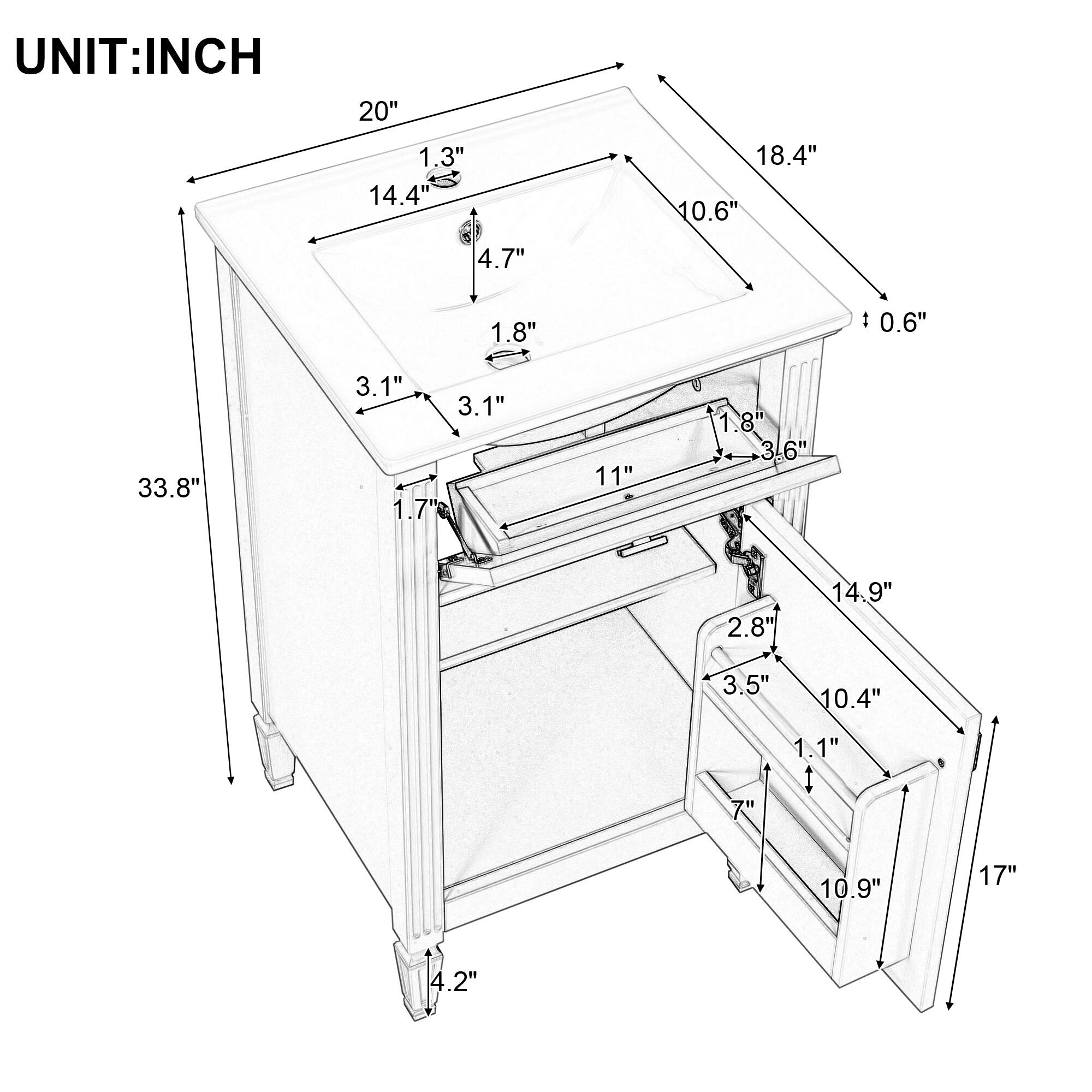 UNIT: INCH  
20"  
1.3"  
14.4"  
18.4"  
10.6"  
4.7"  
1.8"  
0.6"  
33.8"  
3.1"  
3.1"  
1.7"  
11"  
1.8"  
3.6"  
2.8"  
14.9"  
3.5"  
10.4"  
1.1"  
10.9"  
17"  
4.2"