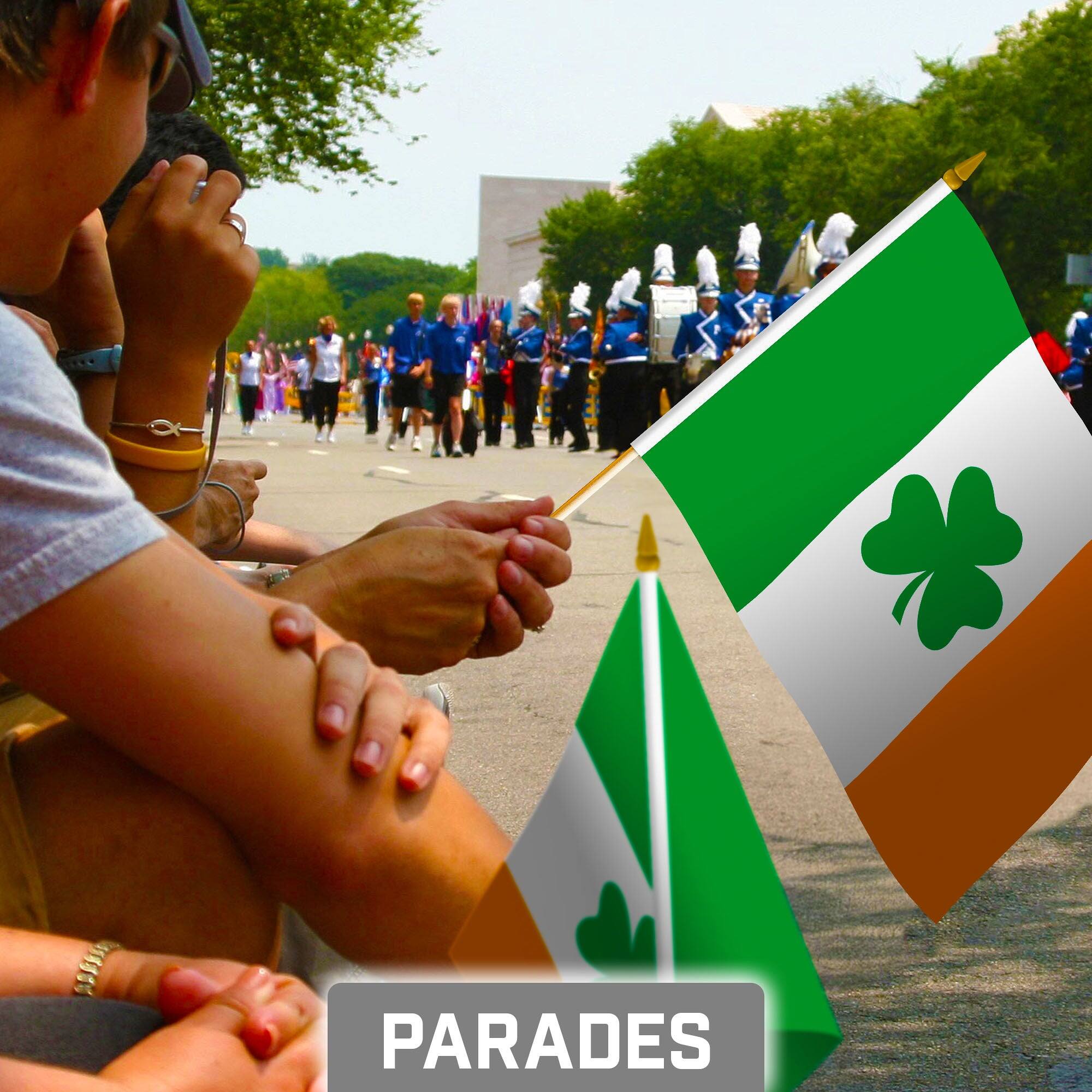 Alt View 1. G128 - 50-Pack Ireland Shamrock Handheld Stick Flags, 8x12 in, 150D Polyester, Wooden Stick with Gold Spear Tip - Assorted Colors.