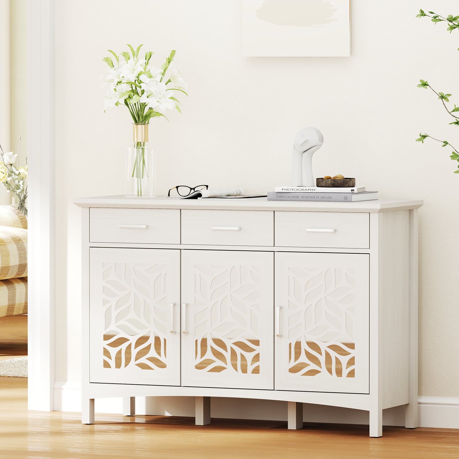 Bestier - Modern Sideboard Cabinet with Mirror Door & Adjustable Shelves, 3 Drawers & 3 Doors - White