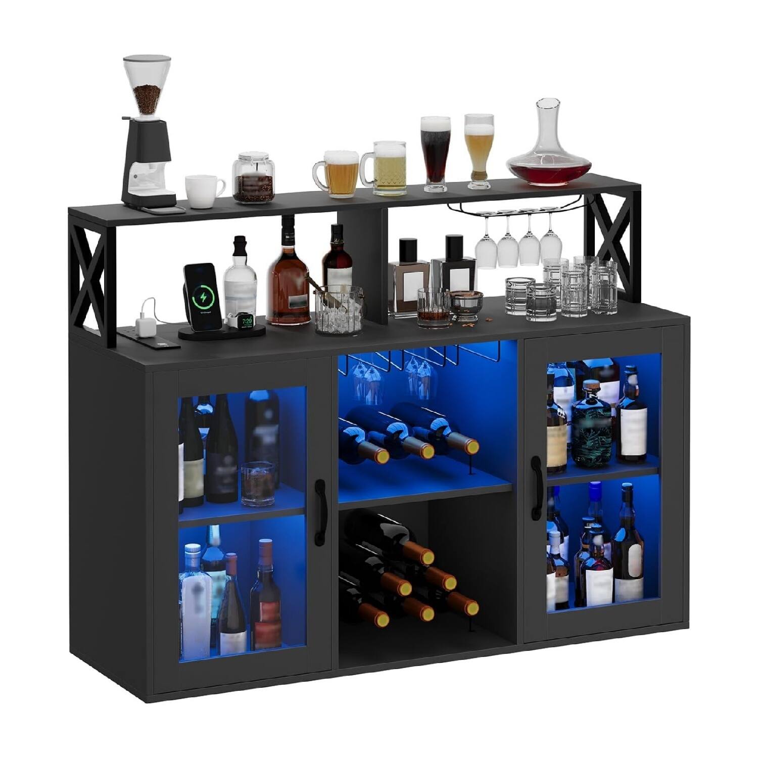 Alt View 6. GARVEE - Freestanding Liquor Cabinet for Home with LED Lights, Wine Bar Cabinet, Coffee Bar Buffet Sideboard Storage, Black - Black.