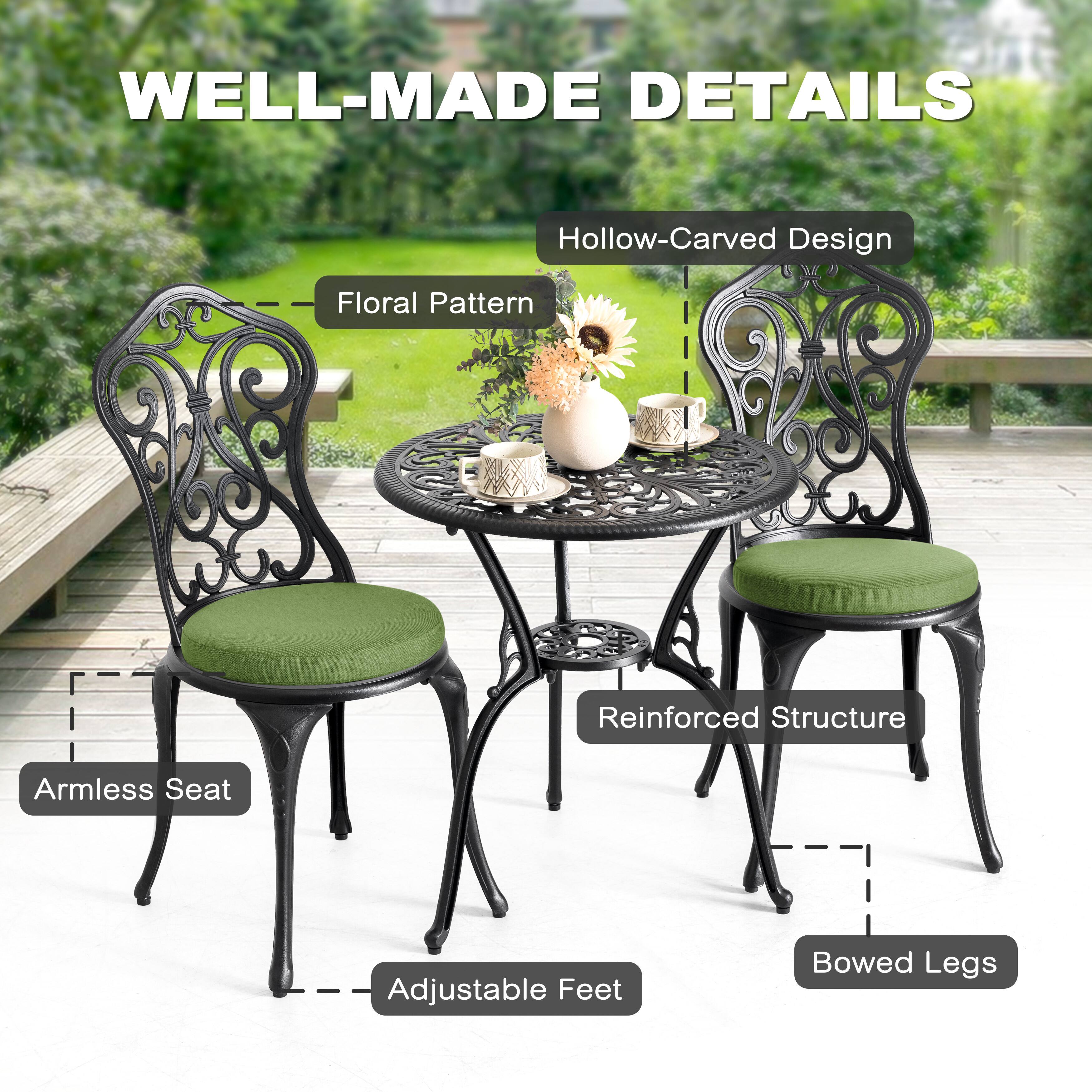 WELL-MADE DETAILS

- Hollow-Carved Design
- Floral Pattern
- Reinforced Structure
- Armless Seat
- Adjustable Feet
- Bowed Legs