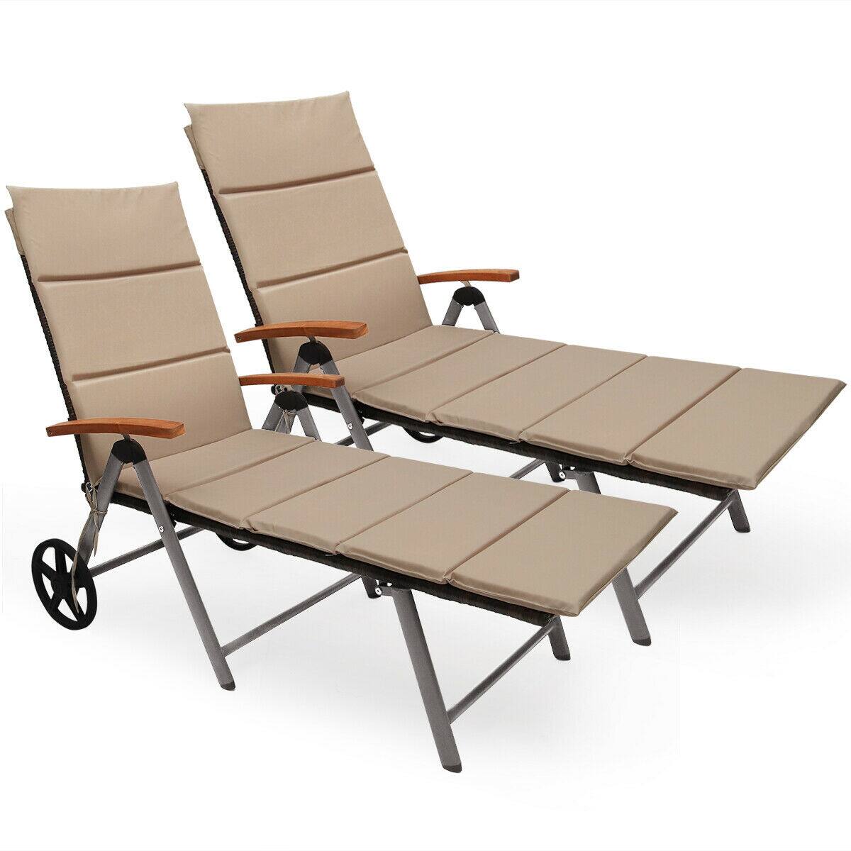 Alt View 1. Gymax - Gymax 2 PCS Folding Patio Rattan Lounge Chair Chaise Cushioned Aluminum Adjust Wheel - as pics.