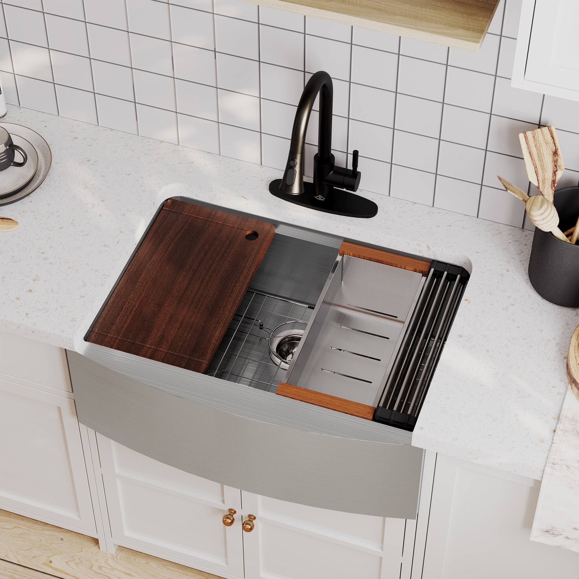 Alt View 2. Boyel Living - 36 in. Farmhouse/Apron-Front Single Bowl Brushed 18-Gauge Stainless Steel Kitchen Sink with Accessories - Silver.