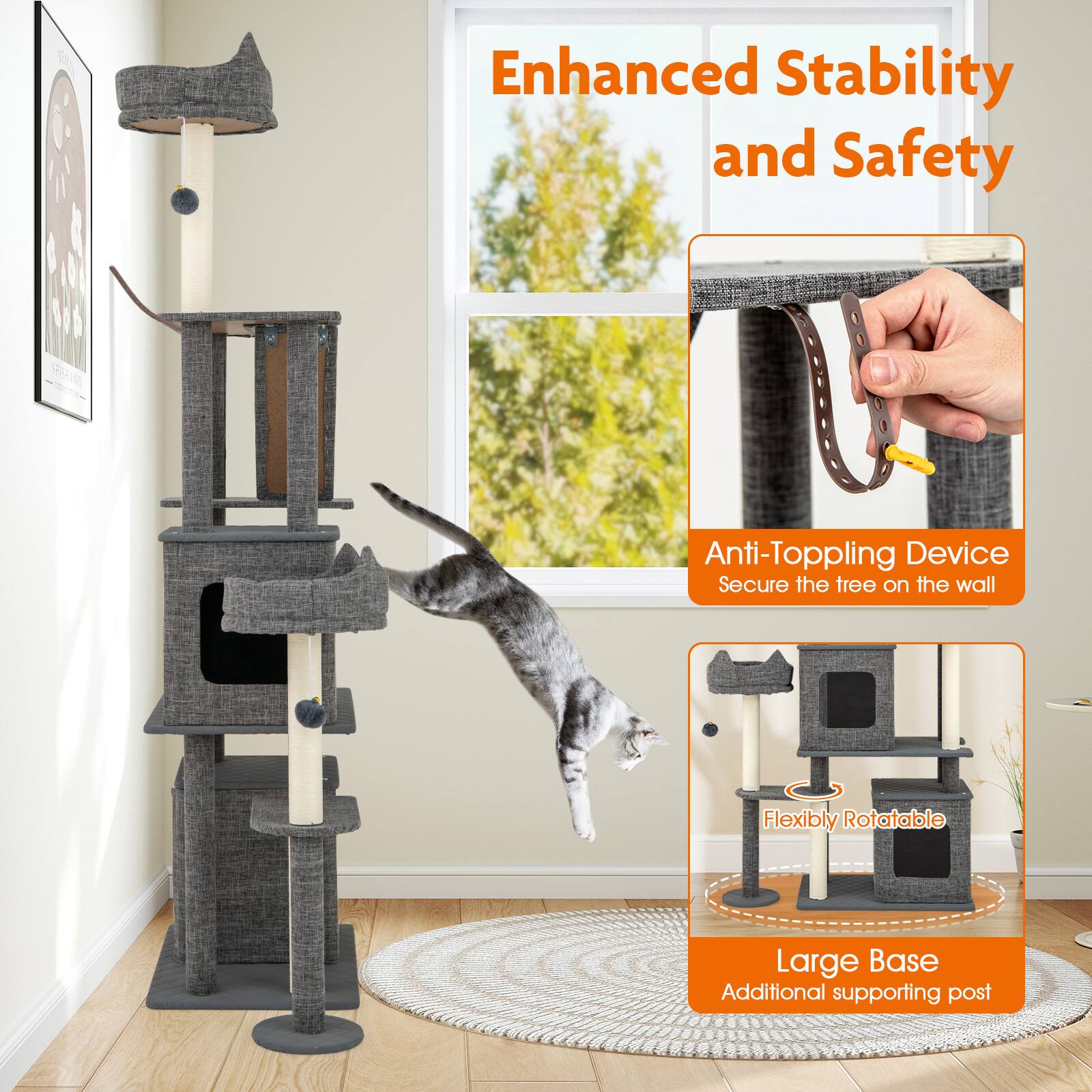 Enhanced Stability and Safety

Anti-Toppling Device
Secure the tree on the wall

Flexibly Rotatable

Large Base
Additional supporting post