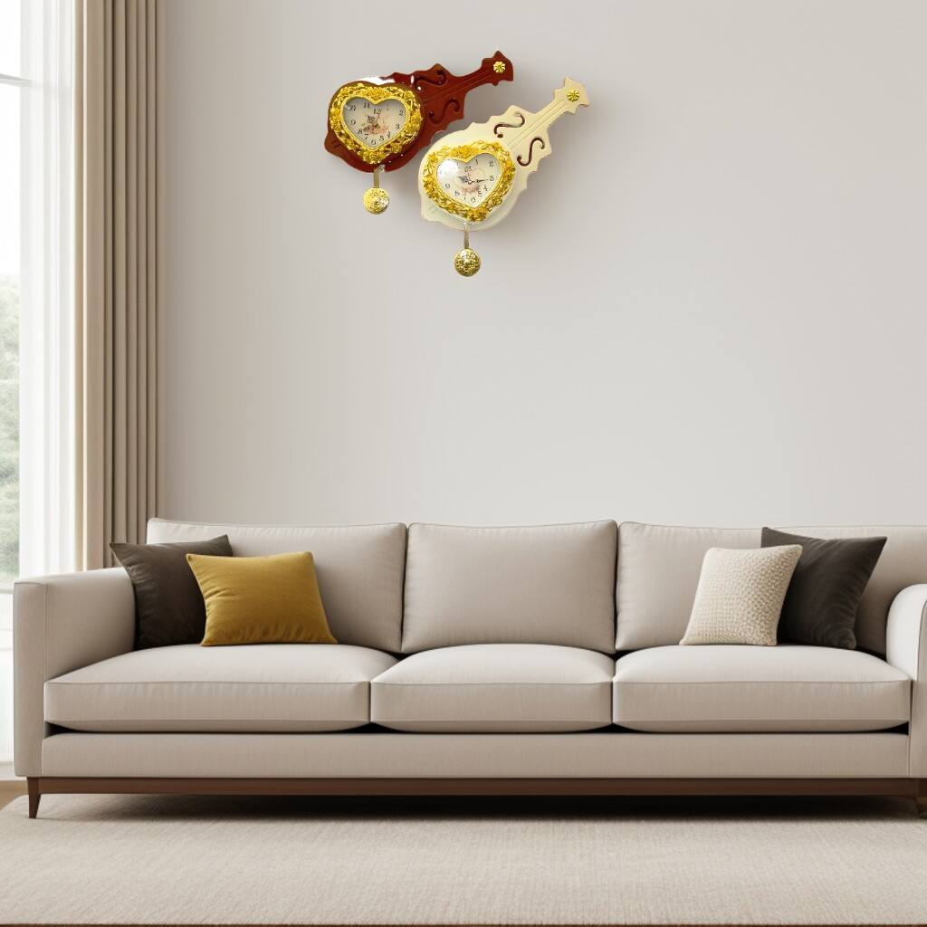 Angle. FC Design - 12"W Brown & Cream Guitar & Heart-Shaped Wall Clock - Decorative Gift Idea - Multicolor.