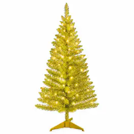 RYHNUYNE - 4FT Pre-Lit Christmas Tree With 50 Lights and 122 PVC Tips, for Tabletop and Small Spaces - Gold