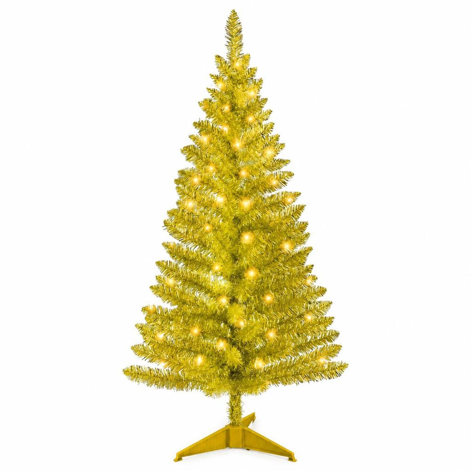 Front. RYHNUYNE - 4FT Pre-Lit Gold Christmas Tree With 50 Lights and 122 PVC Tips, for Tabletop and Small Spaces - Gold.