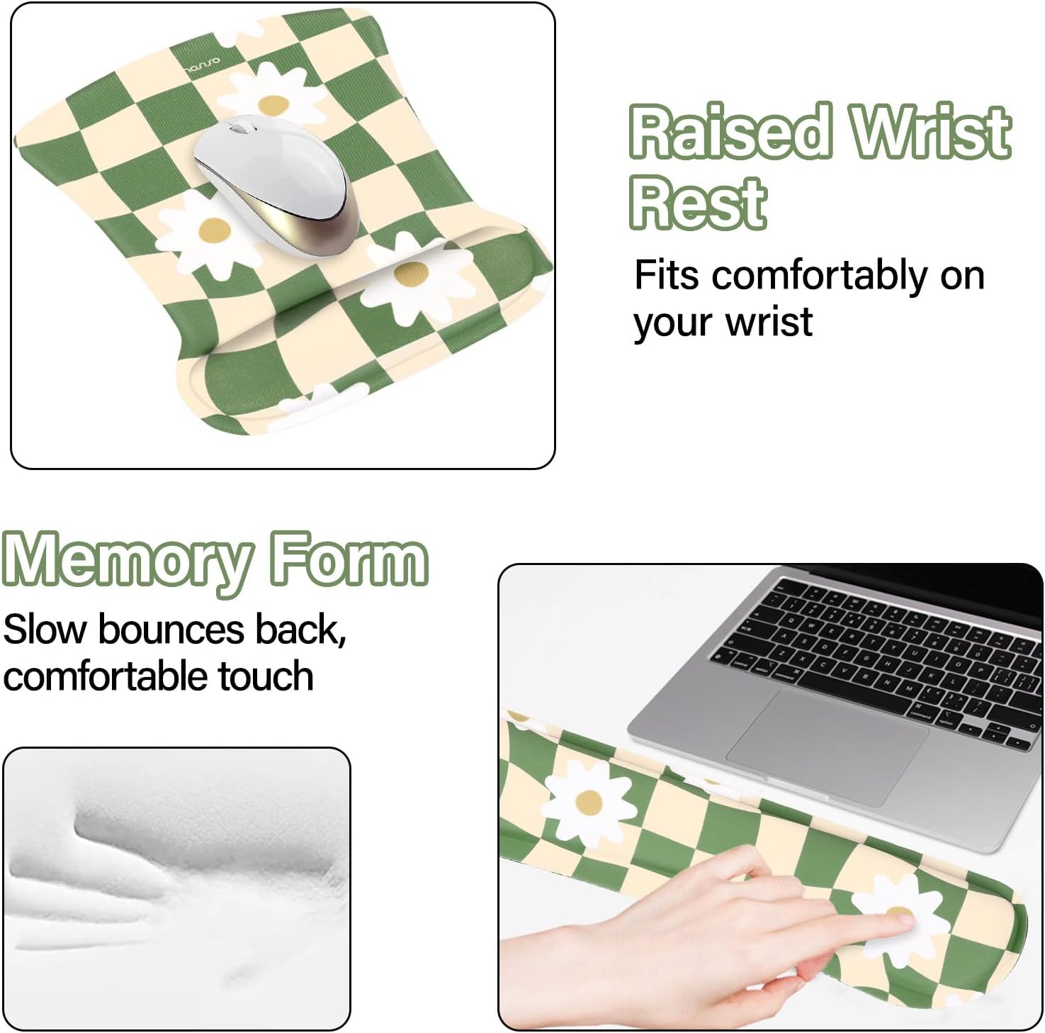 Raised Wrist Rest  
Fits comfortably on your wrist  

Memory Form  
Slow bounces back, comfortable touch