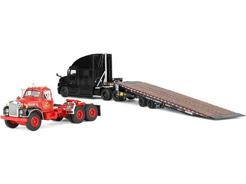 Alt View 4. First Gear - Mack Anthem Sleeper and Landoll 440B-50CA Traveling Trailer Black w/B-61 Day Cab Load Red 1/64 Model by DCP/First Gear.