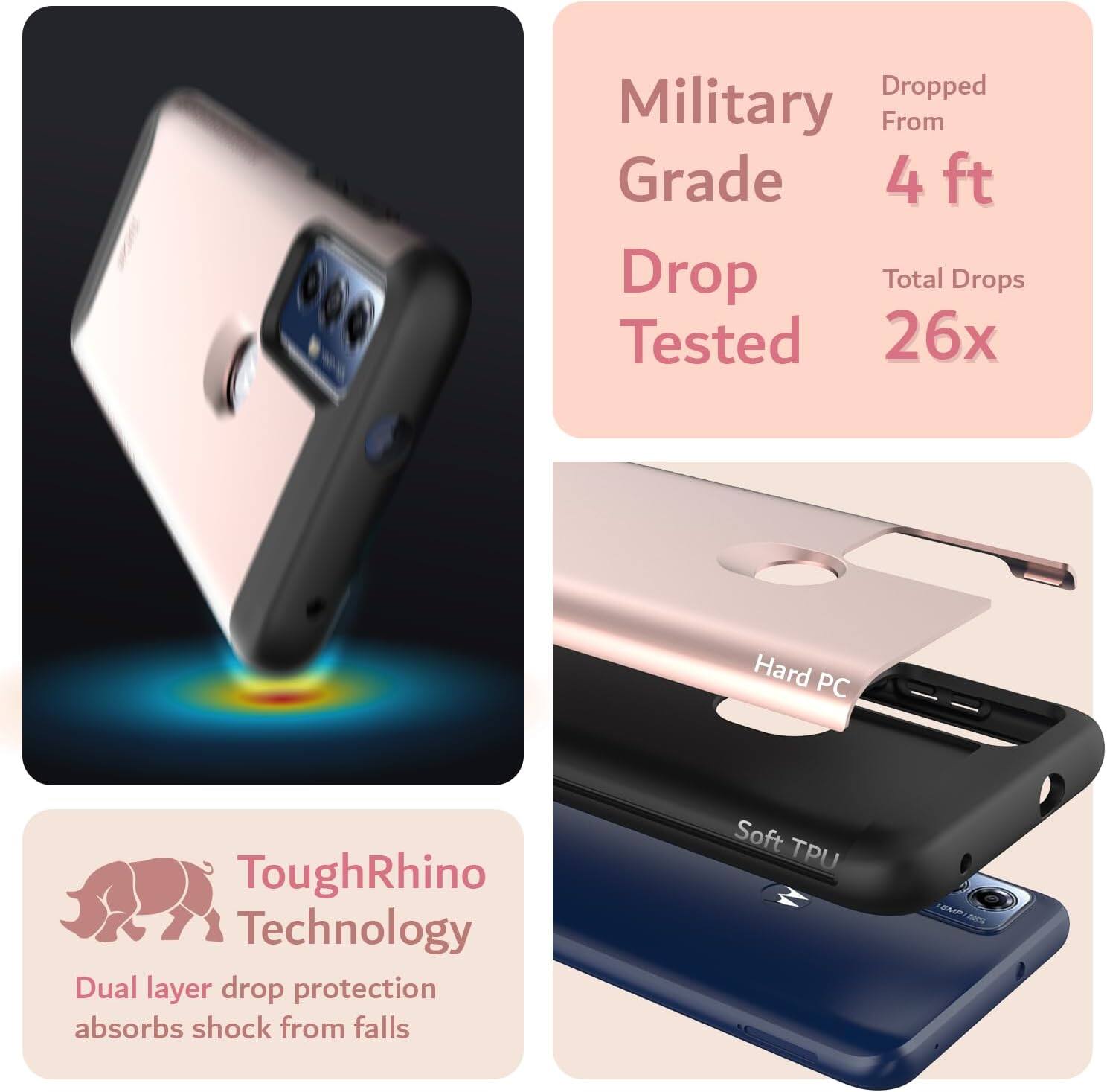 - Military Grade Drop Tested
- Dropped From 4 ft
- Total Drops Tested 26x
- ToughRhino Technology
- Dual layer drop protection absorbs shock from falls
- Hard PC
- Soft TPU