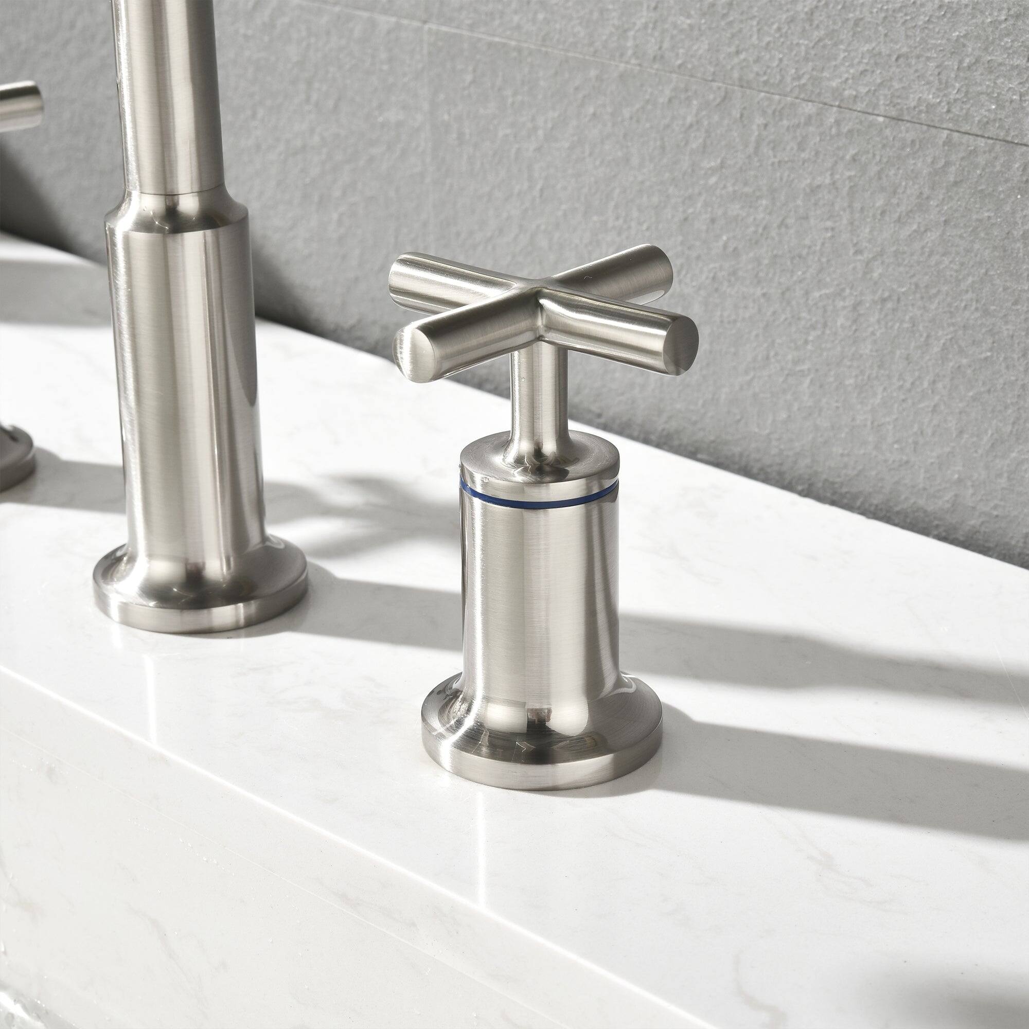 Left. Boyel Living - Brass 8 Inch Widespread Double Handle Bathroom Faucet with Water Supply Hoses and Quick Connected Hose in Brushed Nickel - Brushed Nickel.