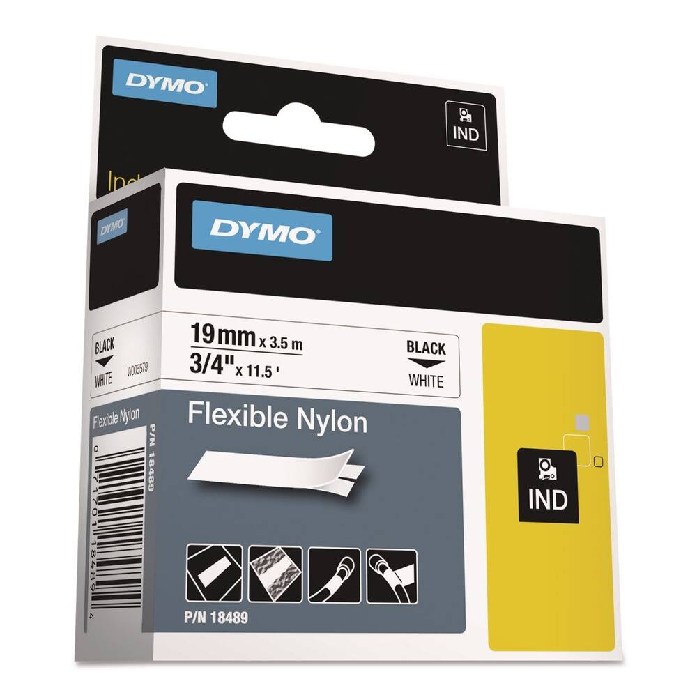 DYMO - 18489 0.75 in. x 11.5 ft. Rhino Flexible Nylon Industrial Label Tape - /Black Print - White
