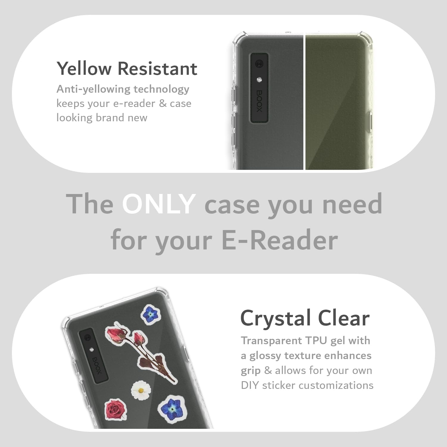 Yellow Resistant  
Anti-yellowing technology keeps your e-reader & case looking brand new  

The ONLY case you need for your E-Reader  

Crystal Clear  
Transparent TPU gel with a glossy texture enhances grip & allows for your own DIY sticker customizations