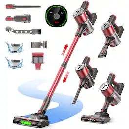 Teendow - 300W Cordless Stick Vacuum, Brushless Motor, 50 Min Runtime, Lightweight, HEPA Filter for Pet Hair & Hardwood Floors - Red