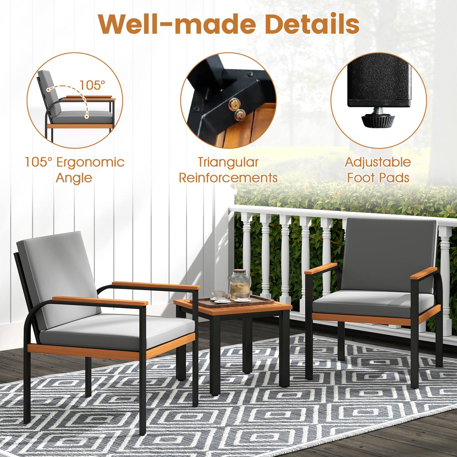 Well-made Details

105° Ergonomic Angle

Triangular Reinforcements

Adjustable Foot Pads