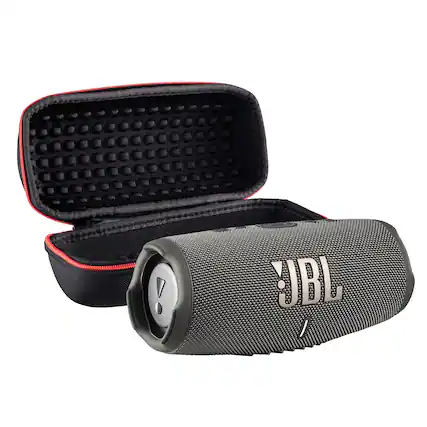Front. JBL - JBL Charge 5 Portable Wireless Bluetooth Speaker with IP67 Waterproof with Case (Gray) - Grey.