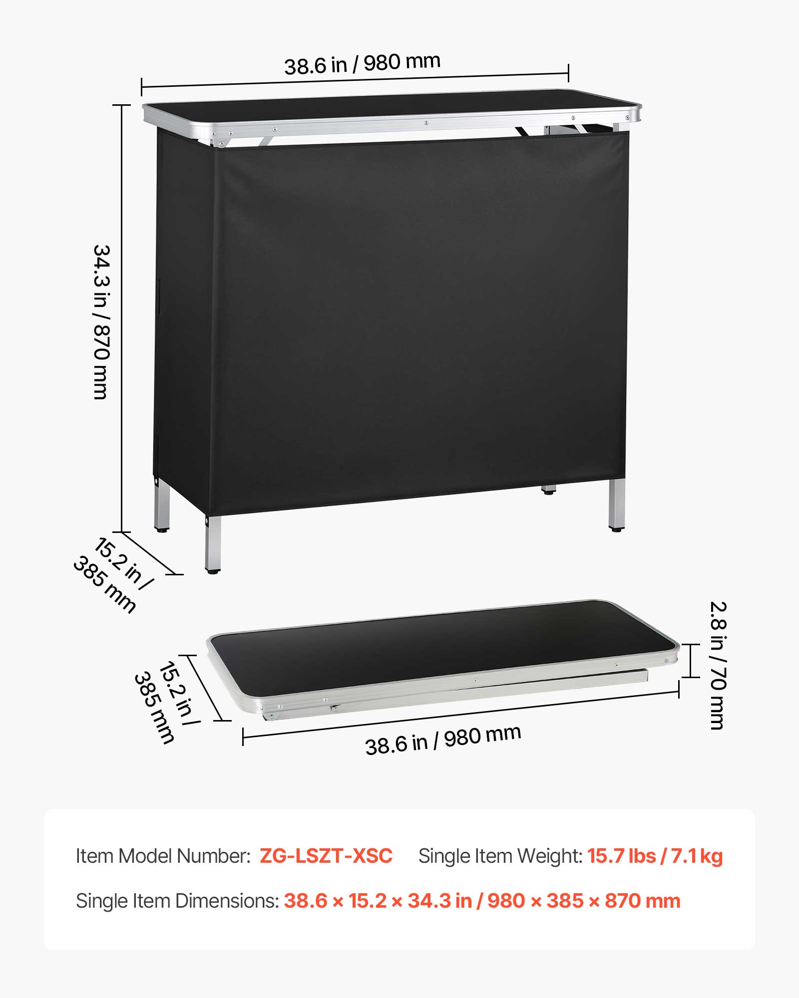 38.6 in / 980 mm  
34.3 in / 870 mm  
15.2 in / 385 mm  
2.8 in / 70 mm  

Item Model Number: ZG-LSZT-XSC  
Single Item Weight: 15.7 lbs / 7.1 kg  
Single Item Dimensions: 38.6 x 15.2 x 34.3 in / 980 x 385 x 870 mm