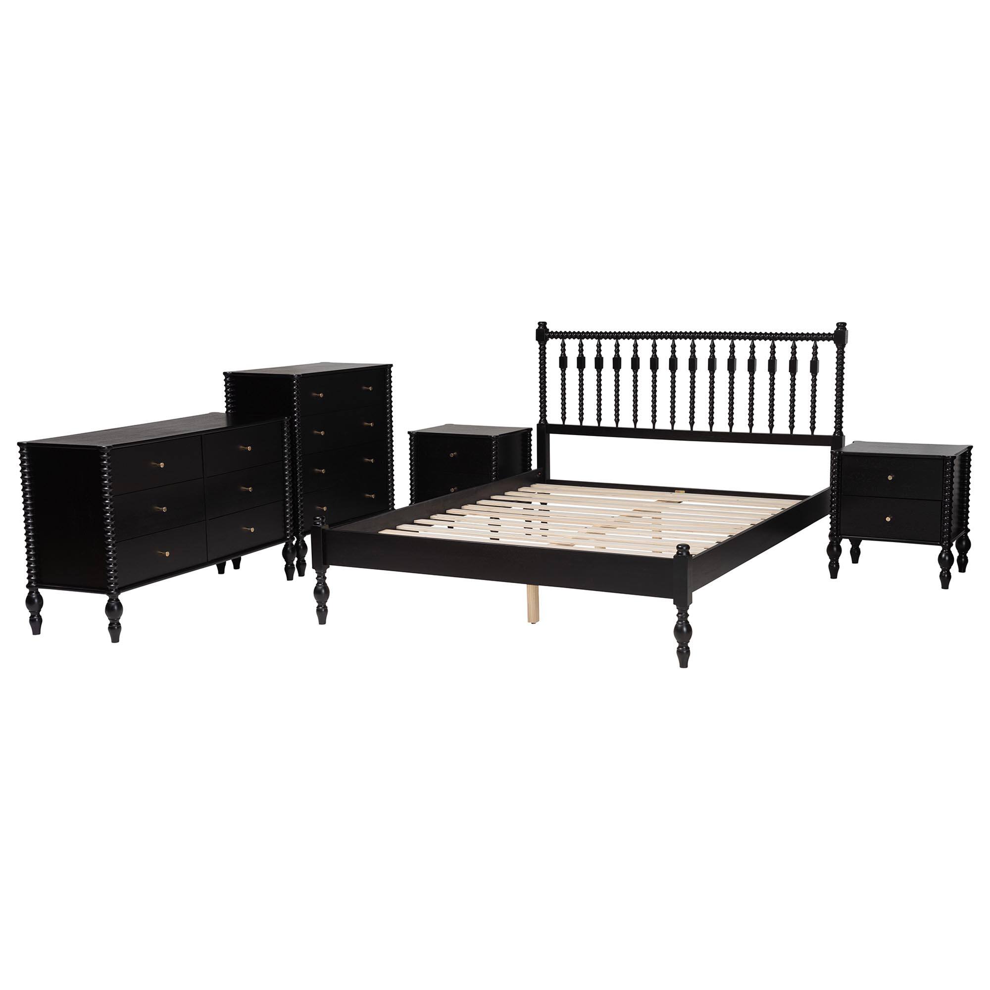 Angle. Baxton Studio - Callison Spindle 5-Piece Bedroom Set - Platform Bed with Matching Dresser, Chest, and 2-Drawer Nightstands, Queen - Black.