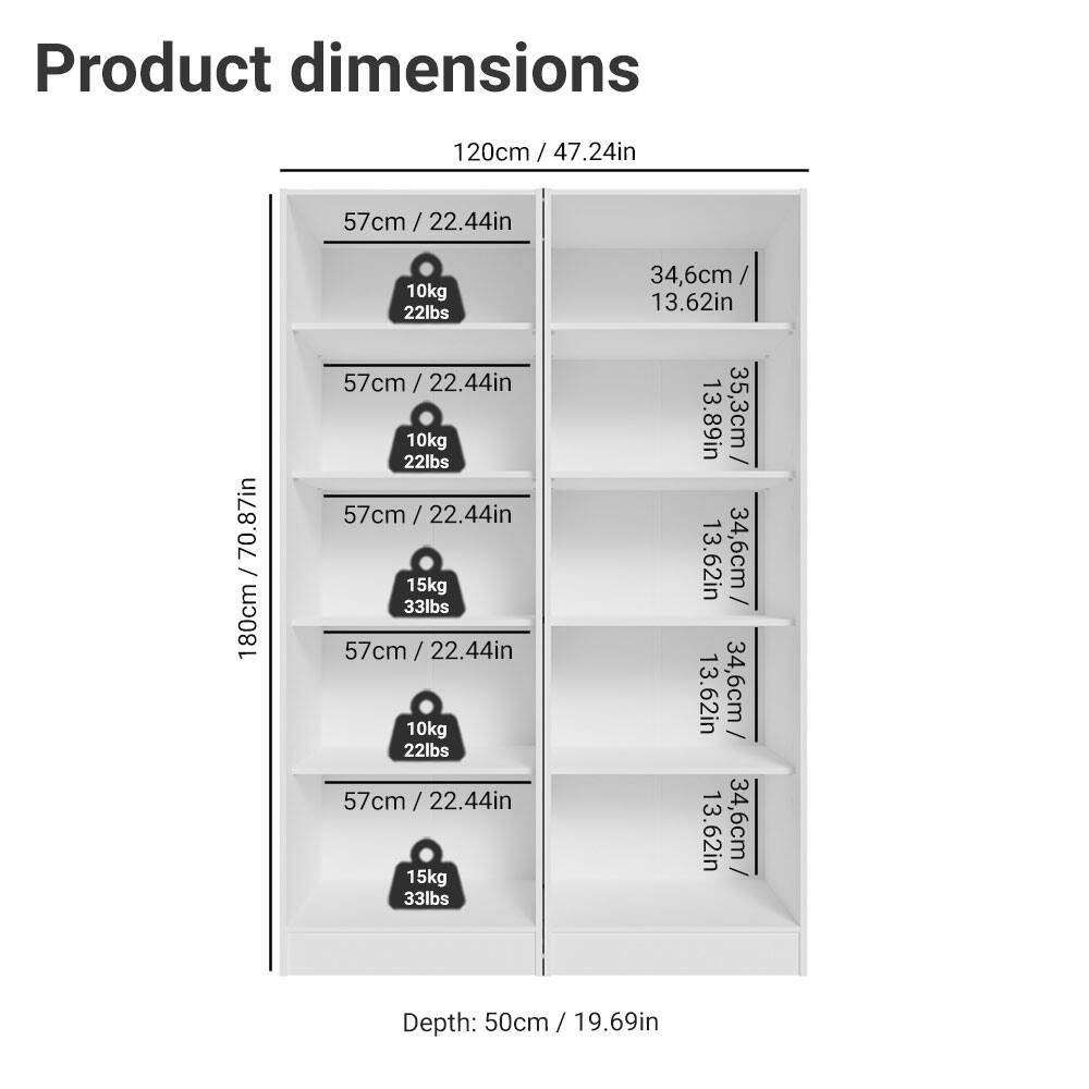 Product dimensions

- Height: 120cm / 47.24in
- Width: 57cm / 22.44in
- Depth: 50cm / 19.69in

Shelf dimensions:
- 180cm / 70.87in (height)
- 57cm / 22.44in (width)
- 34.6cm / 13.62in (depth)

Weight capacity:
- 10kg / 22lbs
- 15kg / 33lbs

Additional dimensions:
- 35.3cm / 13.89in
- 34.6cm / 13.62in