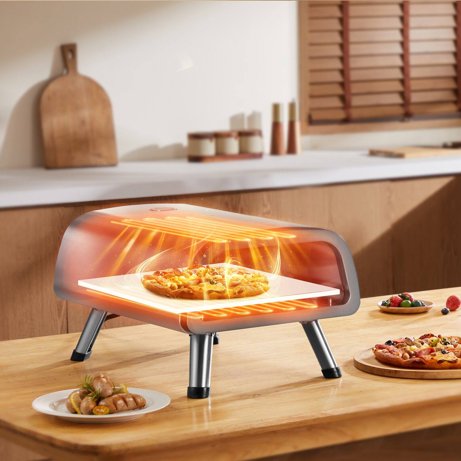 Alt View 1. Glintex - 12in Electric Pizza Oven Countertop Maker, Adjustable Temp for Indoor and Outdoor Cooking - Silver.
