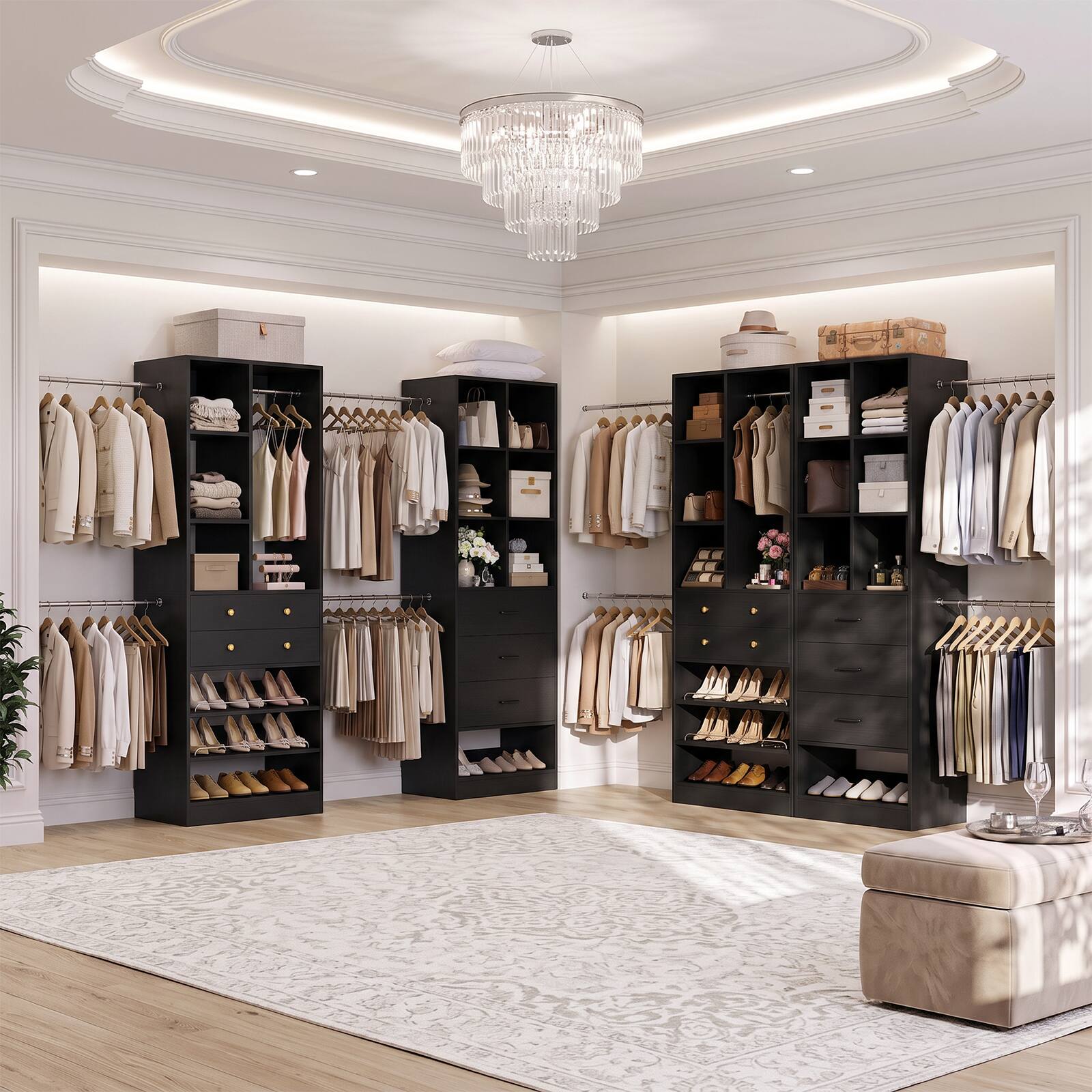 Back. Aheaplus - 51.4"-126.2" Expandable Freestanding Closet System with 5 Drawers, 5 Hanging Rods & 16 Open Shelves - Black.