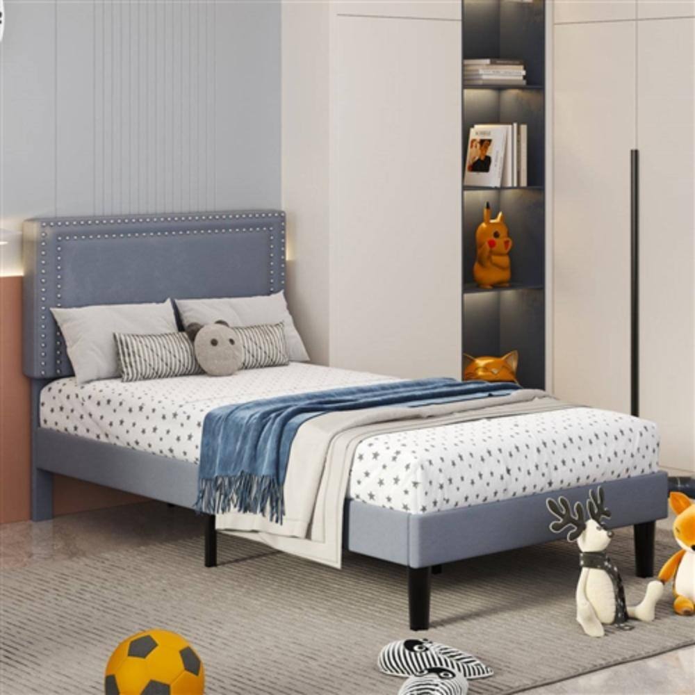 Back. Hivvago - Set of 2 - Twin size Grey Upholstered Platform Bed Frame with Headboard - Grey.