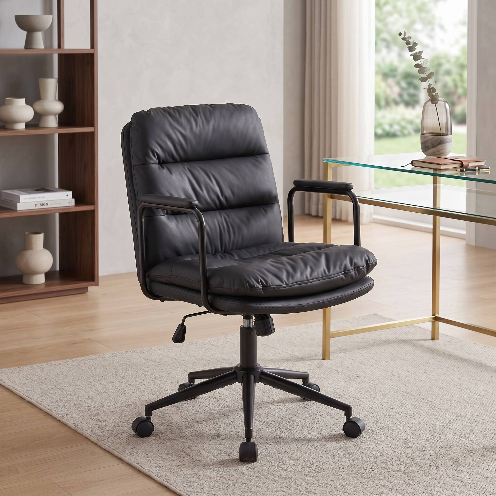 Alt View 10. Forest'nSky - Black Office Desk Task Chair with Wheels and Arms Ergonomic PU Leather with Padded Armrest - Black.