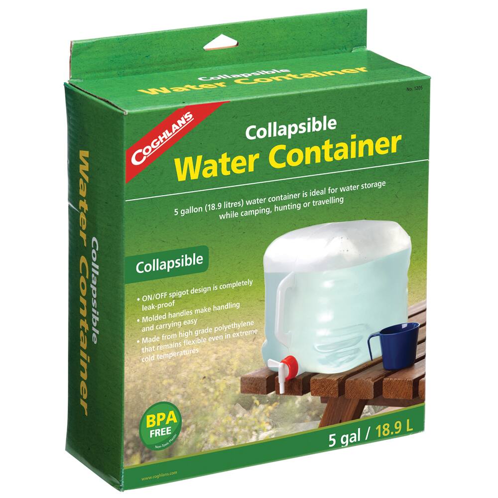 Water Container Collapsible  
Collapsible Container  
Water N 1205  
COGHLANS Collapsible Water Container for water storage container is ideal (5 gallon / 18.9 litres) for camping, hunting or travelling.  
Collapsible design is completely ON/OFF spigot leak-proof.  
Molded handles make handling and carrying easy.  
Made from high grade polyethylene that remains flexible even in extreme cold temperatures.  
BPA FREE.  
www.coghlan.com